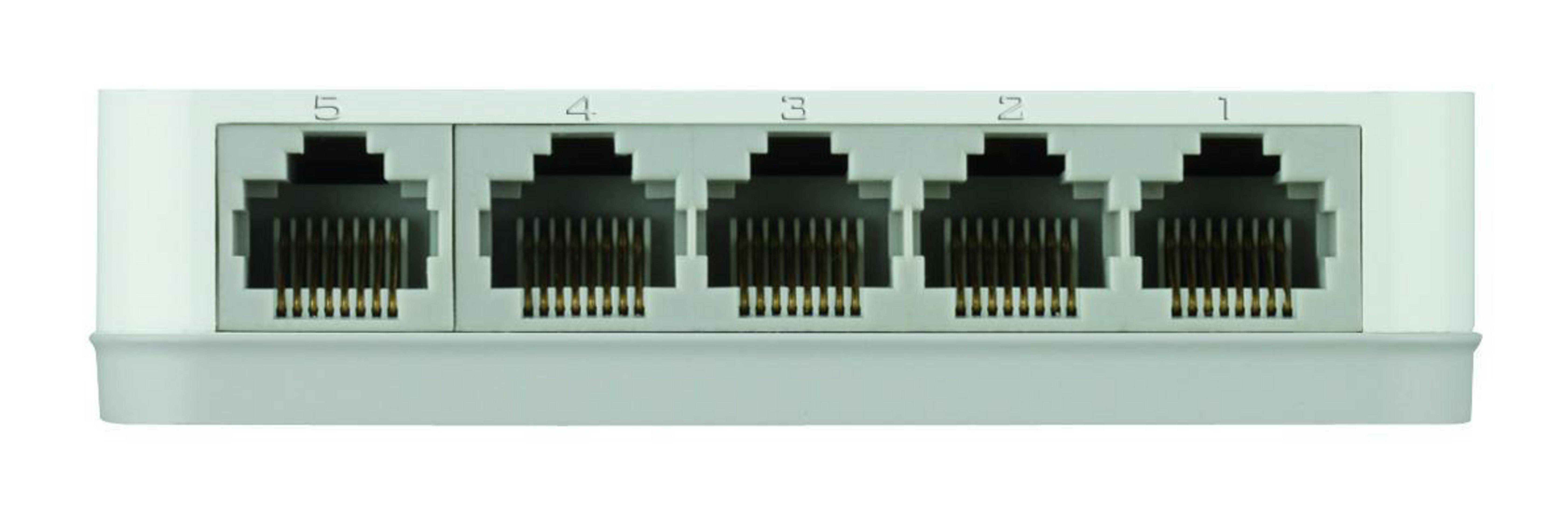 Biały przełącznik sieciowy z pięcioma portami, wyizolowany na białym tle.