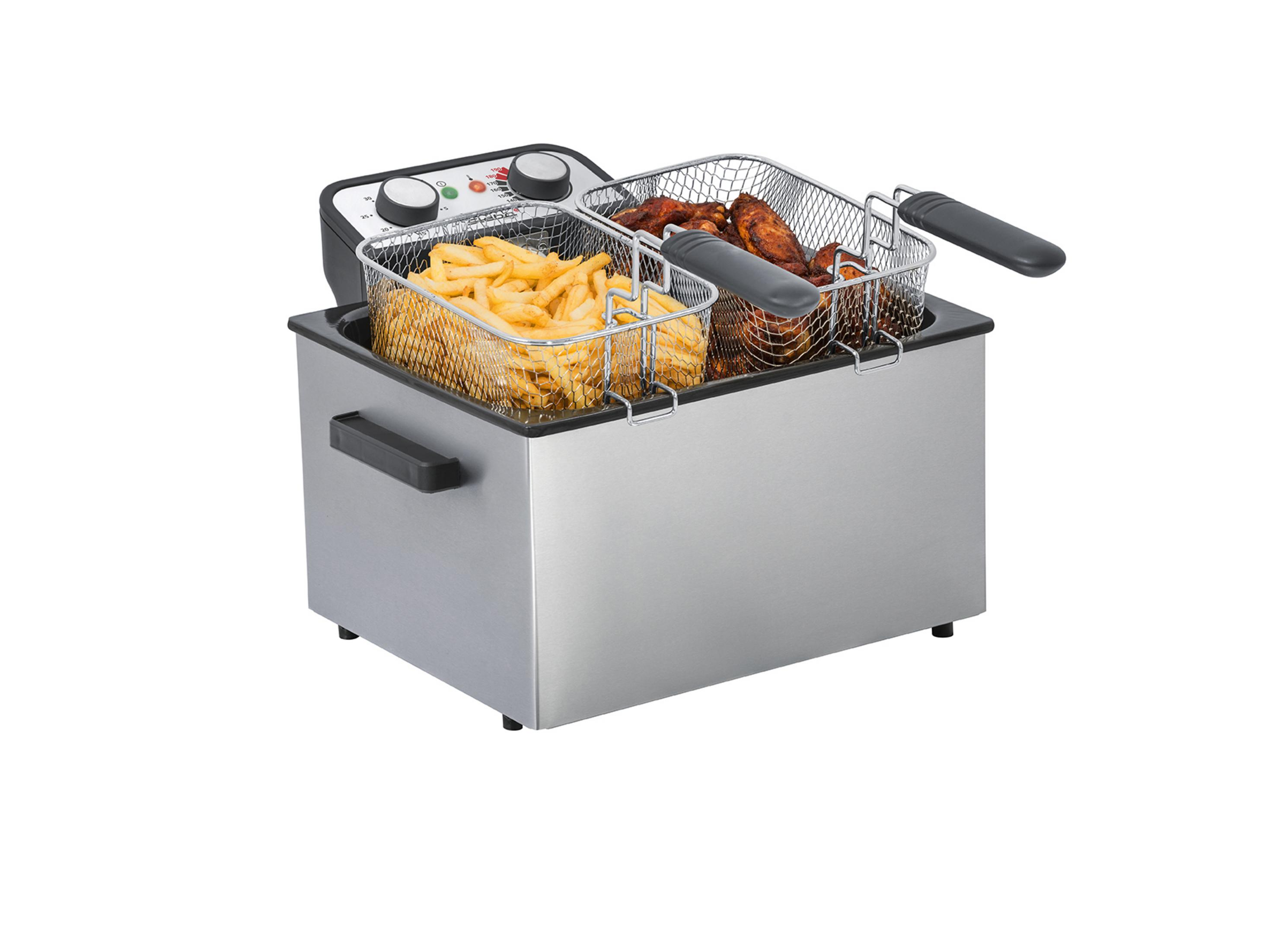 Friteuse électrique en acier inoxydable avec deux paniers contenant frites et ailes.