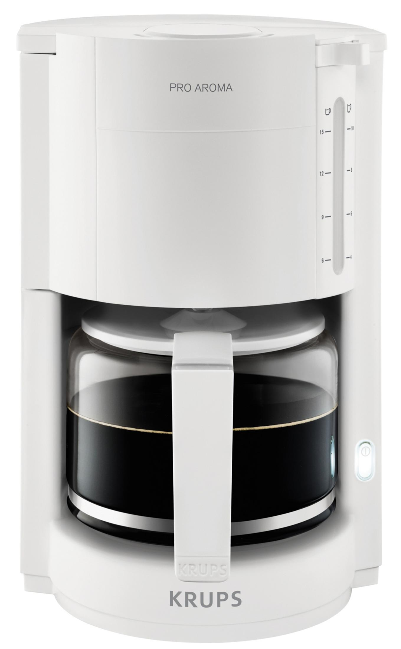 Biały ekspres do kawy ze szklanym dzbankiem wypełnionym kawą.