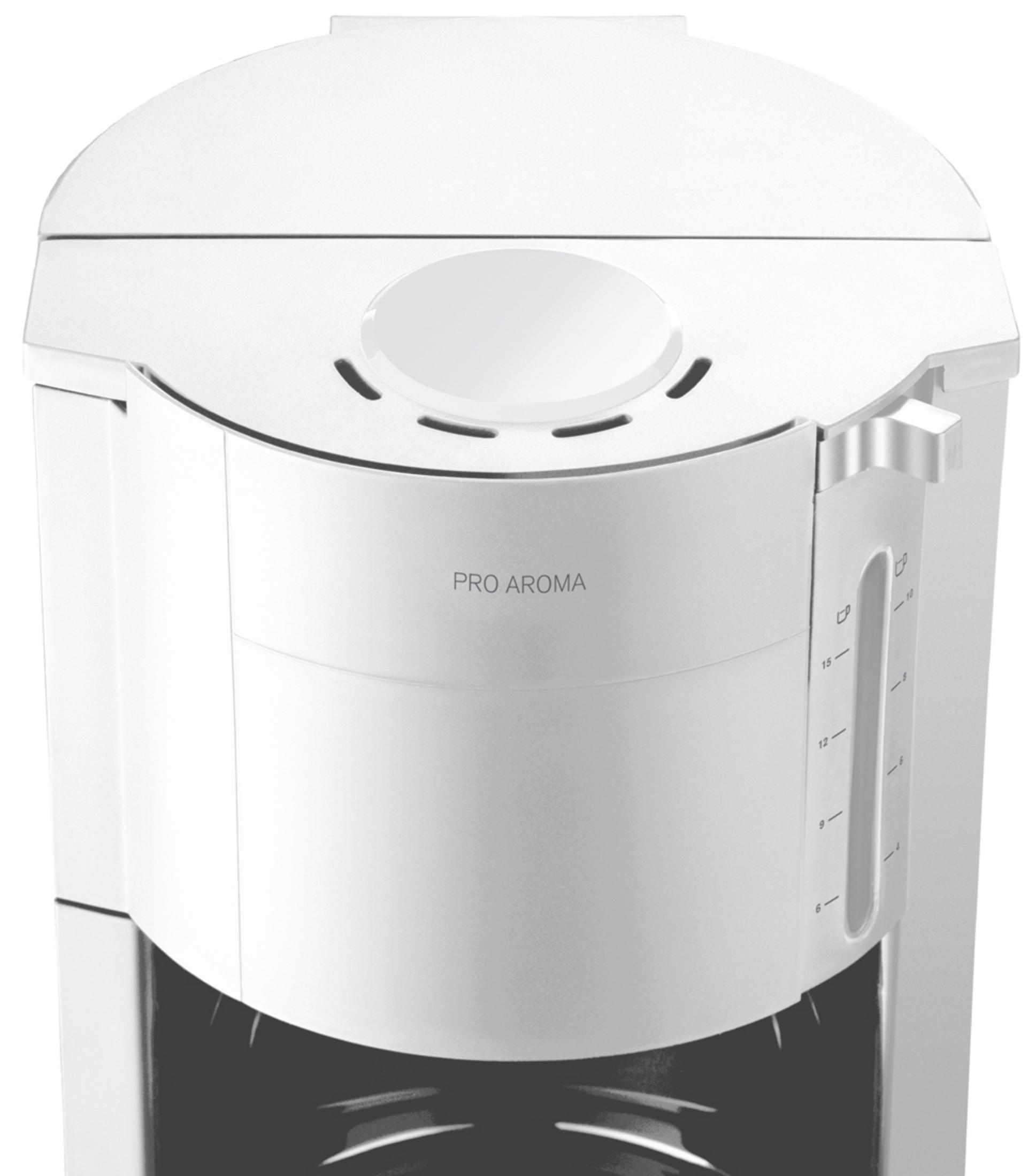 Biały ekspres do kawy, widok z góry, z przezroczystym wskaźnikiem poziomu wody.