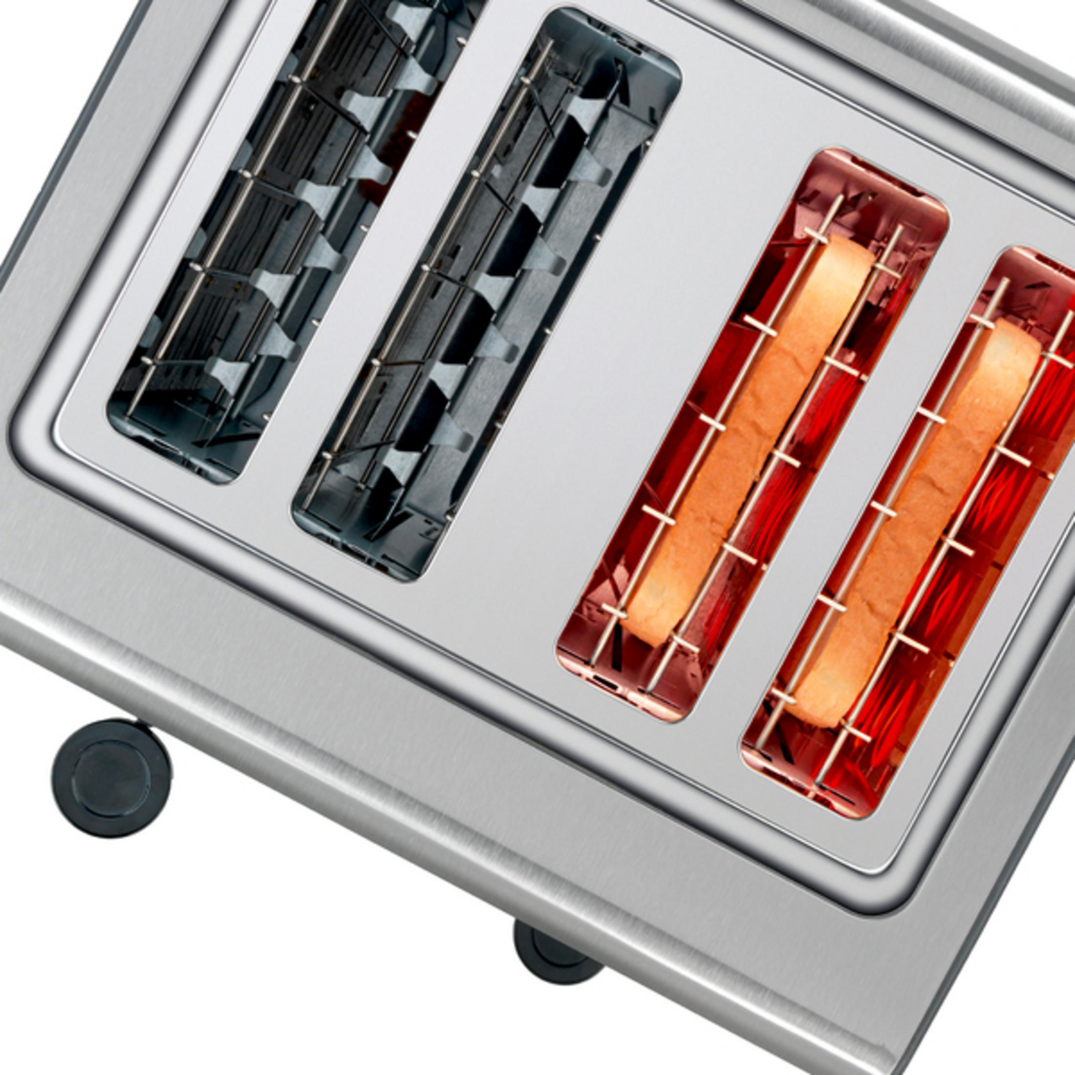 Toaster mit zwei Toastscheiben. Das Metall ist silber.