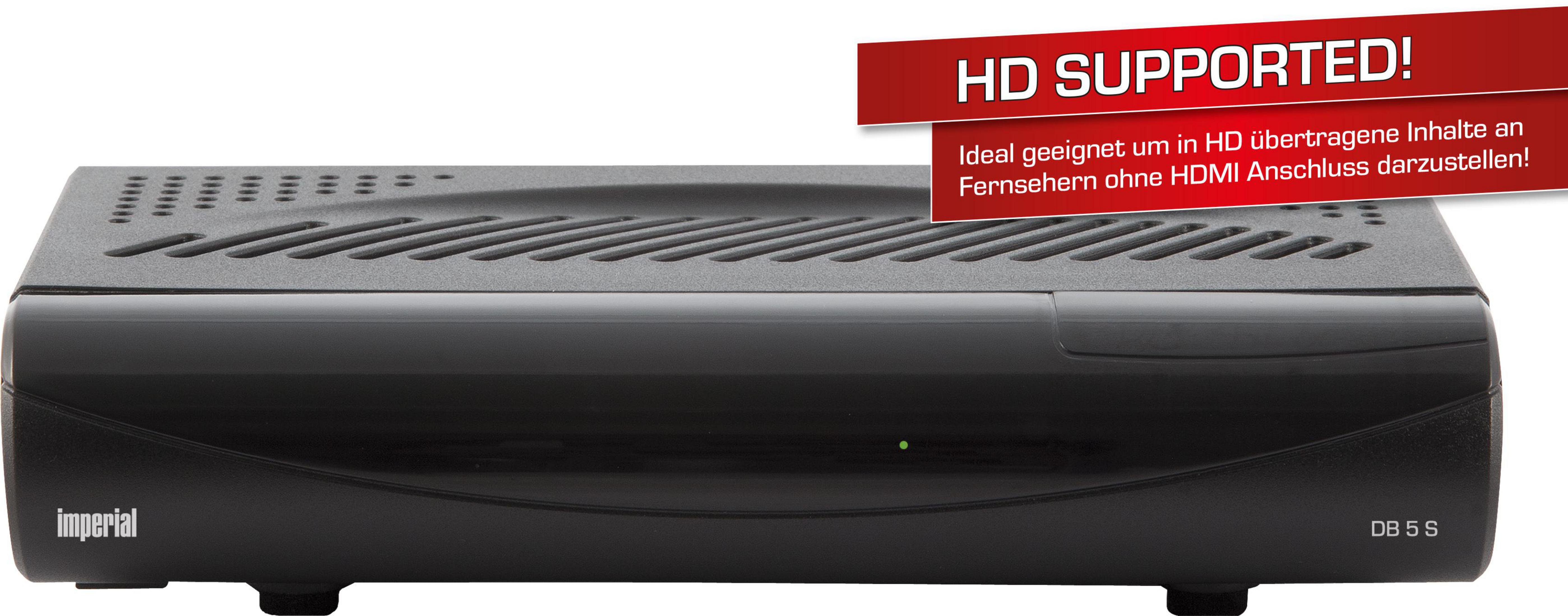 Schwarzer Imperial DB 5 S Receiver. Ein rotes Banner liest HD UNTERSTÜTZT!