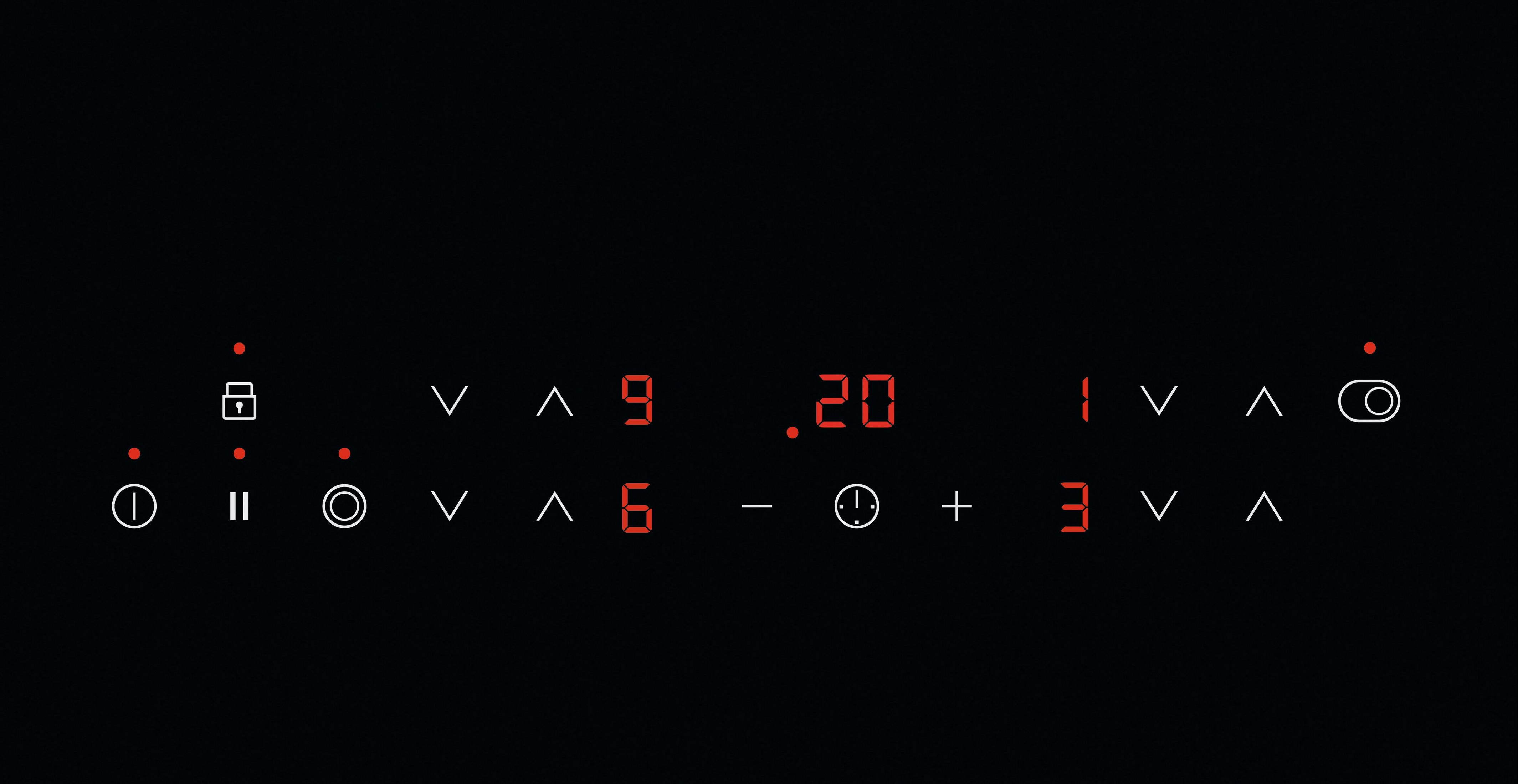 Czarne tło z czerwonymi cyframi i symbolami. Zawiera liczby, zamek i ikony sterowania.