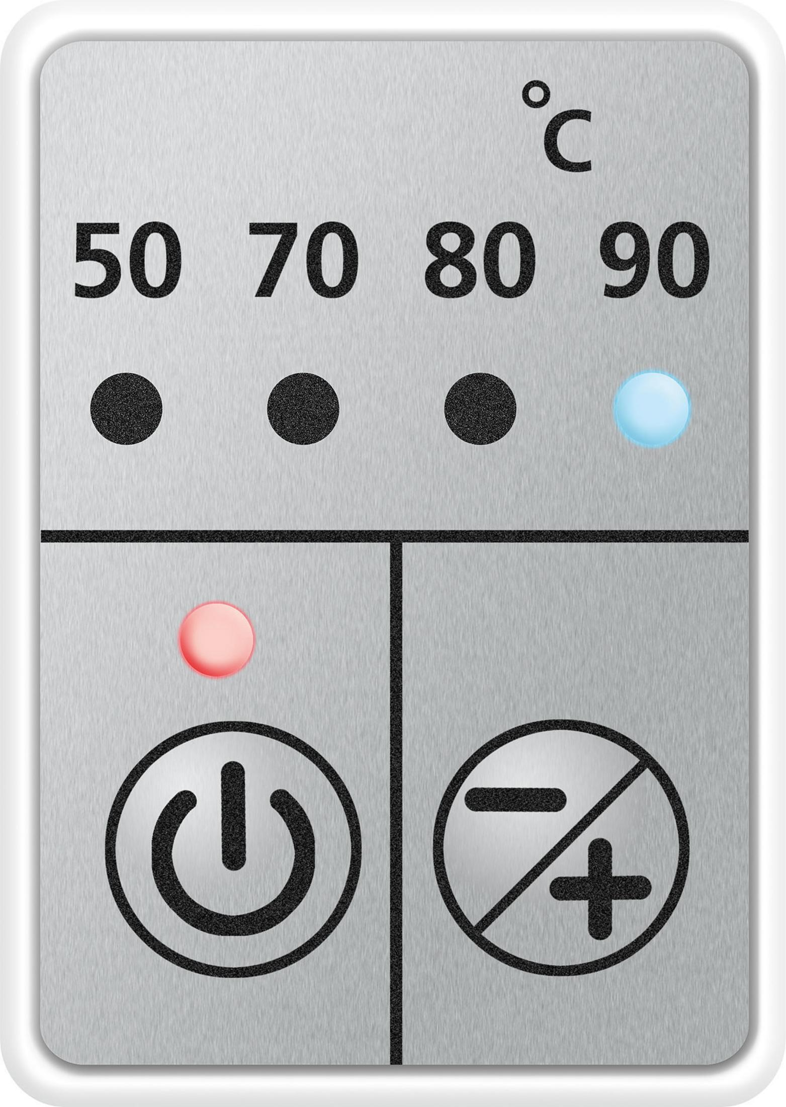 Pannello di controllo con impostazioni della temperatura, pulsante di accensione e pulsanti di regolazione.