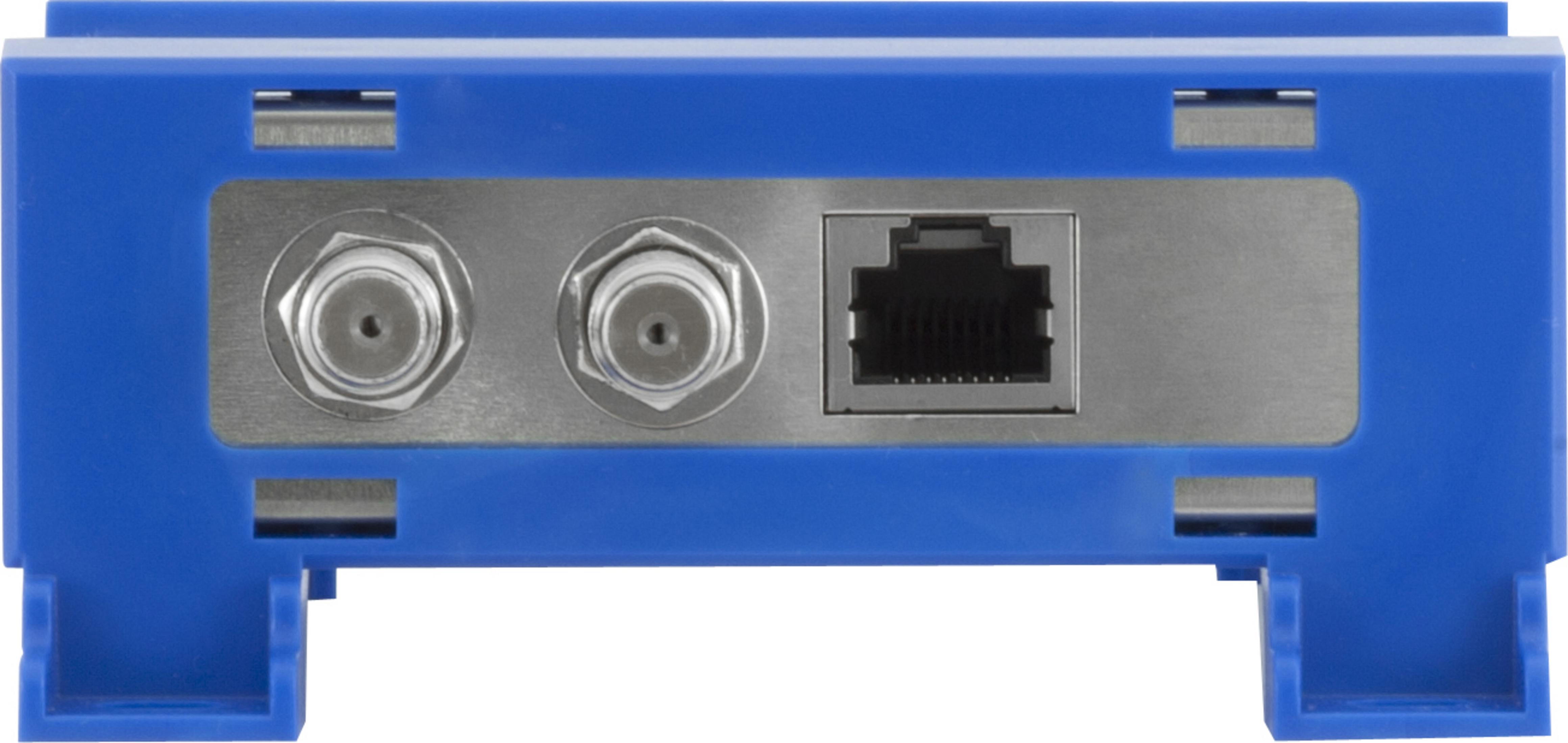 Blaue elektronische Komponente mit zwei Koaxialkabelanschlüssen und einem Ethernet-Anschluss, von hinten betrachtet.