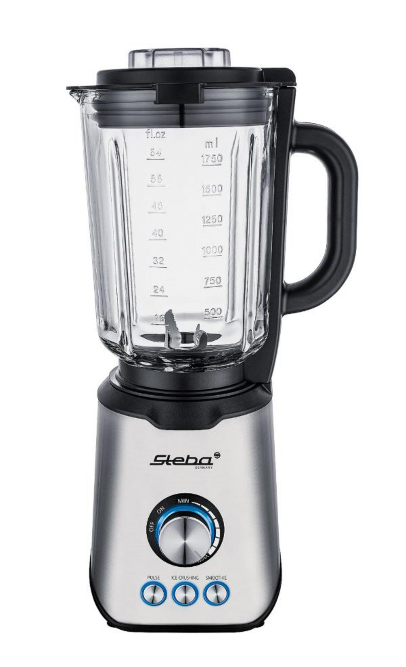 Ein silberner und schwarzer Steba-Mixer mit Glaskrug.