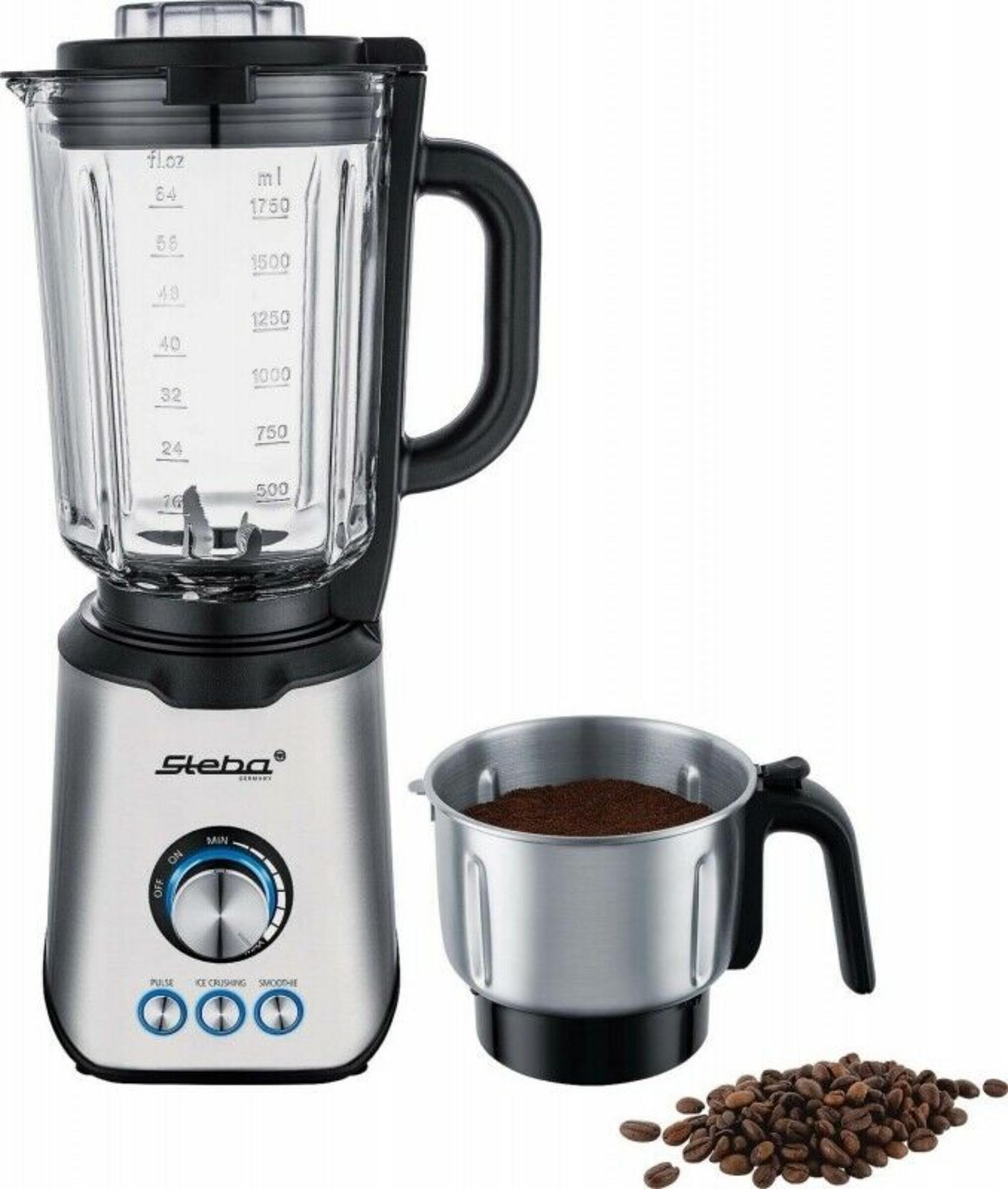 Mixer mit Glasbehälter, Stahlfuß und Kaffeemühle. Kaffeebohnen an der Seite.
