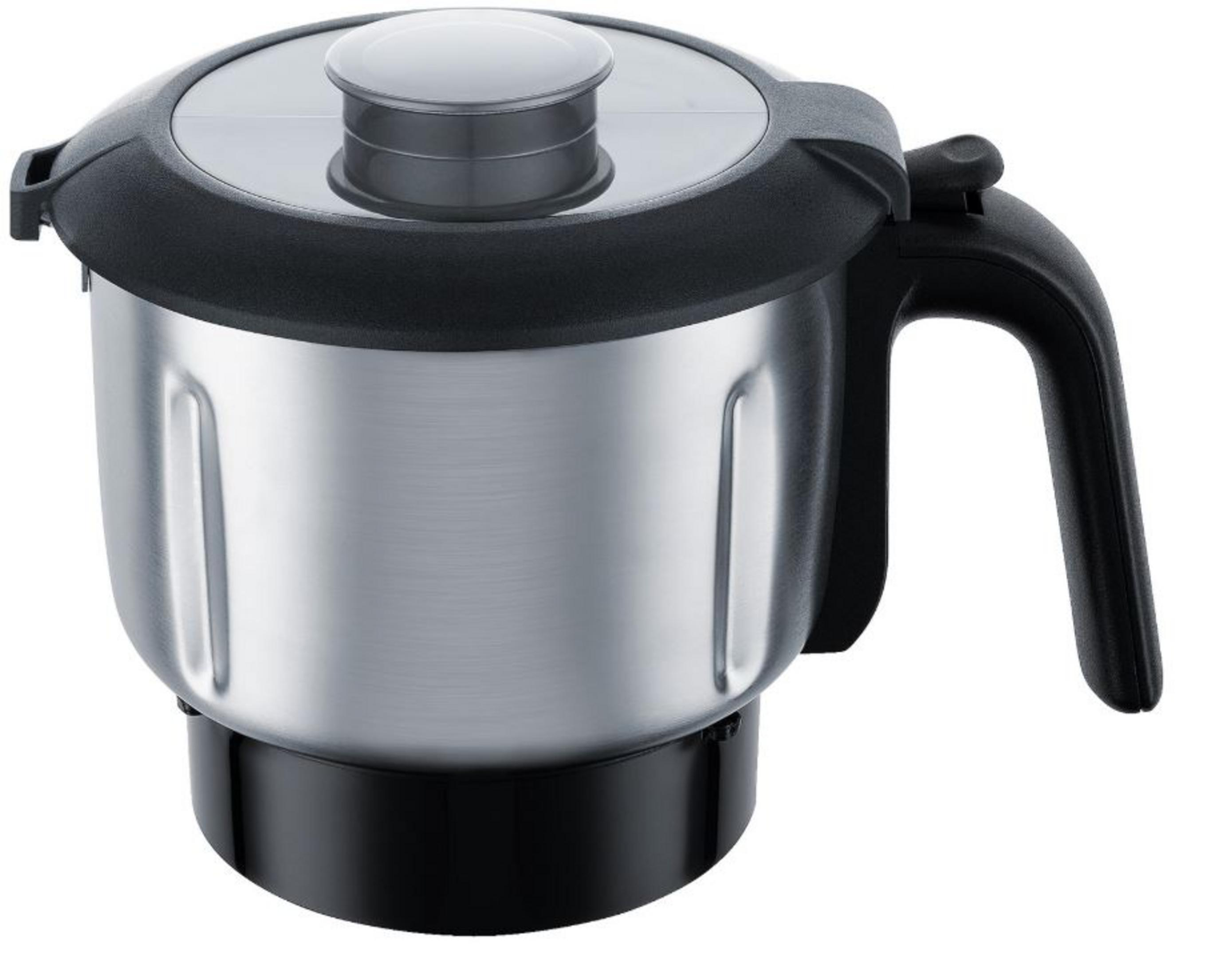 Silberner und schwarzer Küchenmixer mit Griff und Deckel, isoliert auf weißer Oberfläche.