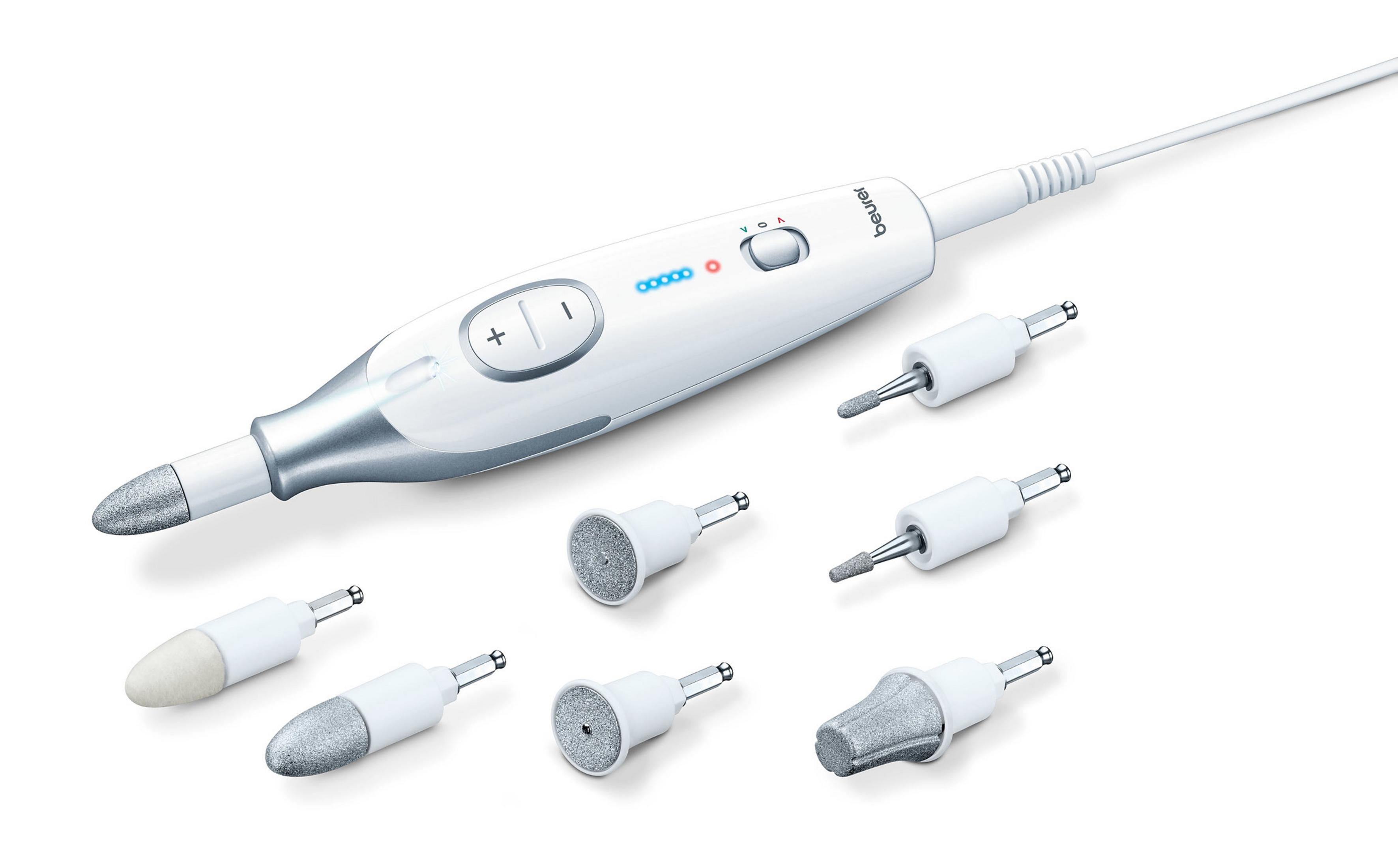 Appareil de soin des ongles blanc avec plusieurs accessoires. L'appareil possède des boutons pour régler la vitesse.