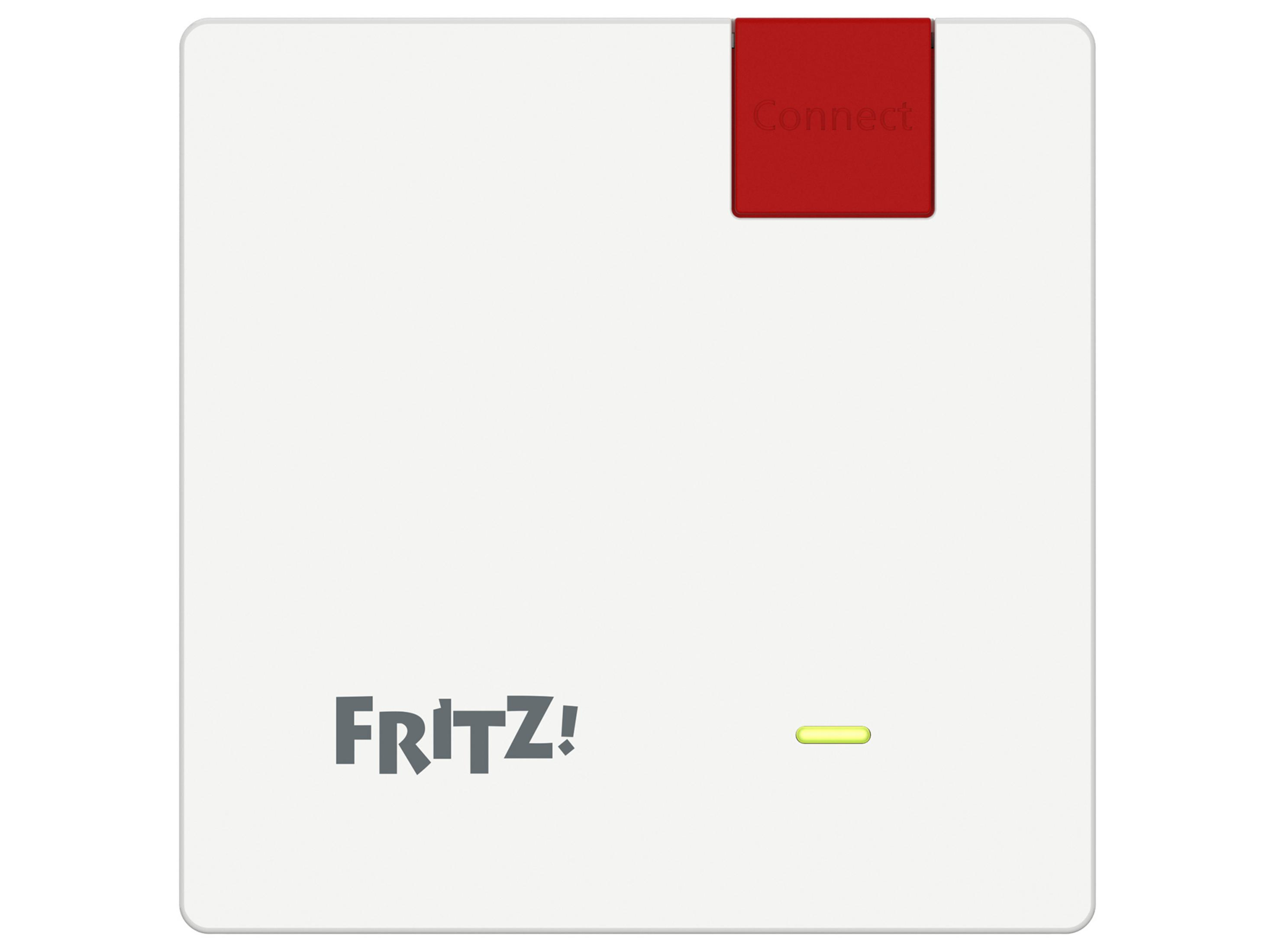 Router bianco con pulsante 'Connetti' rosso e spia gialla. Con logo Fritz!.