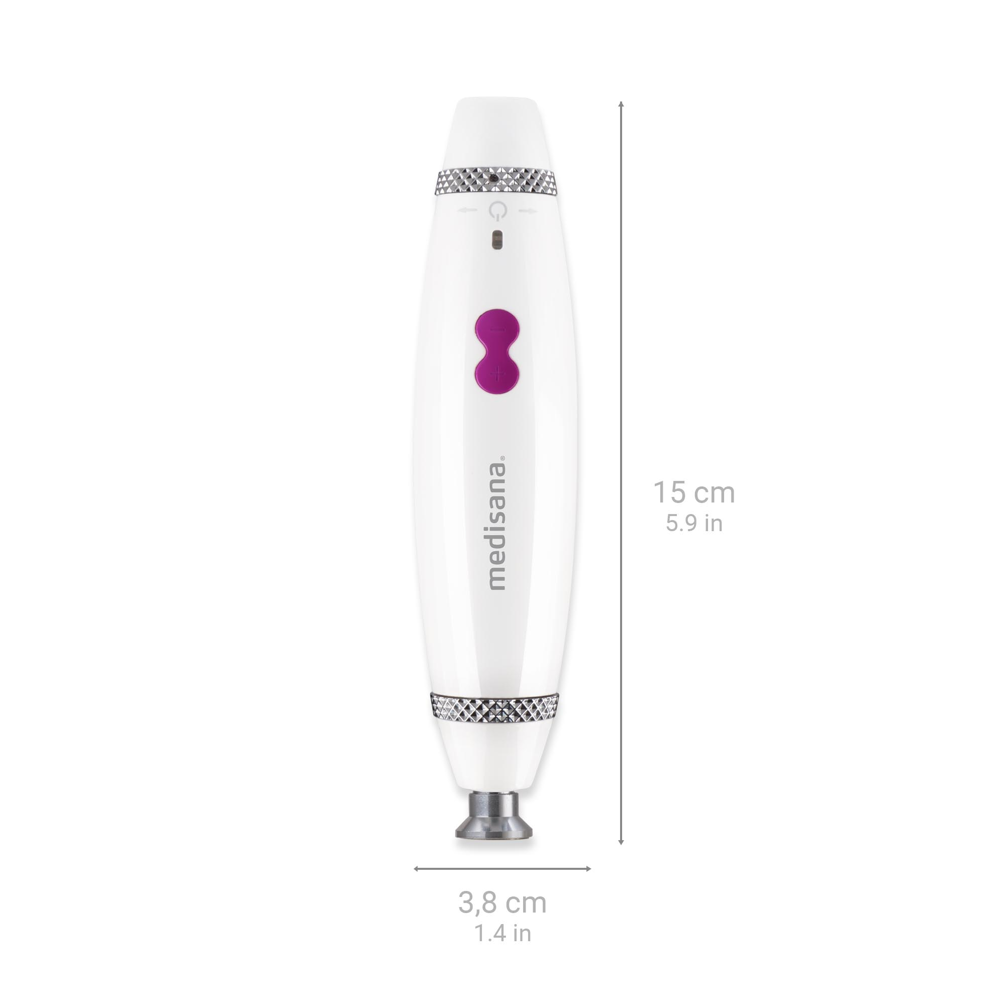 Weißes Schönheitsgerät mit lila Knopf und Abmessungen.