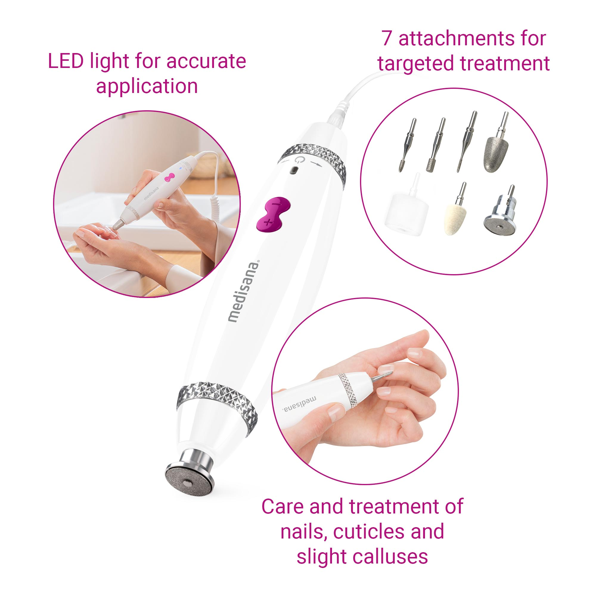Weißes Nagelpflegegerät mit Aufsätzen und Diagrammen. Frau benutzt es an ihrer Hand.