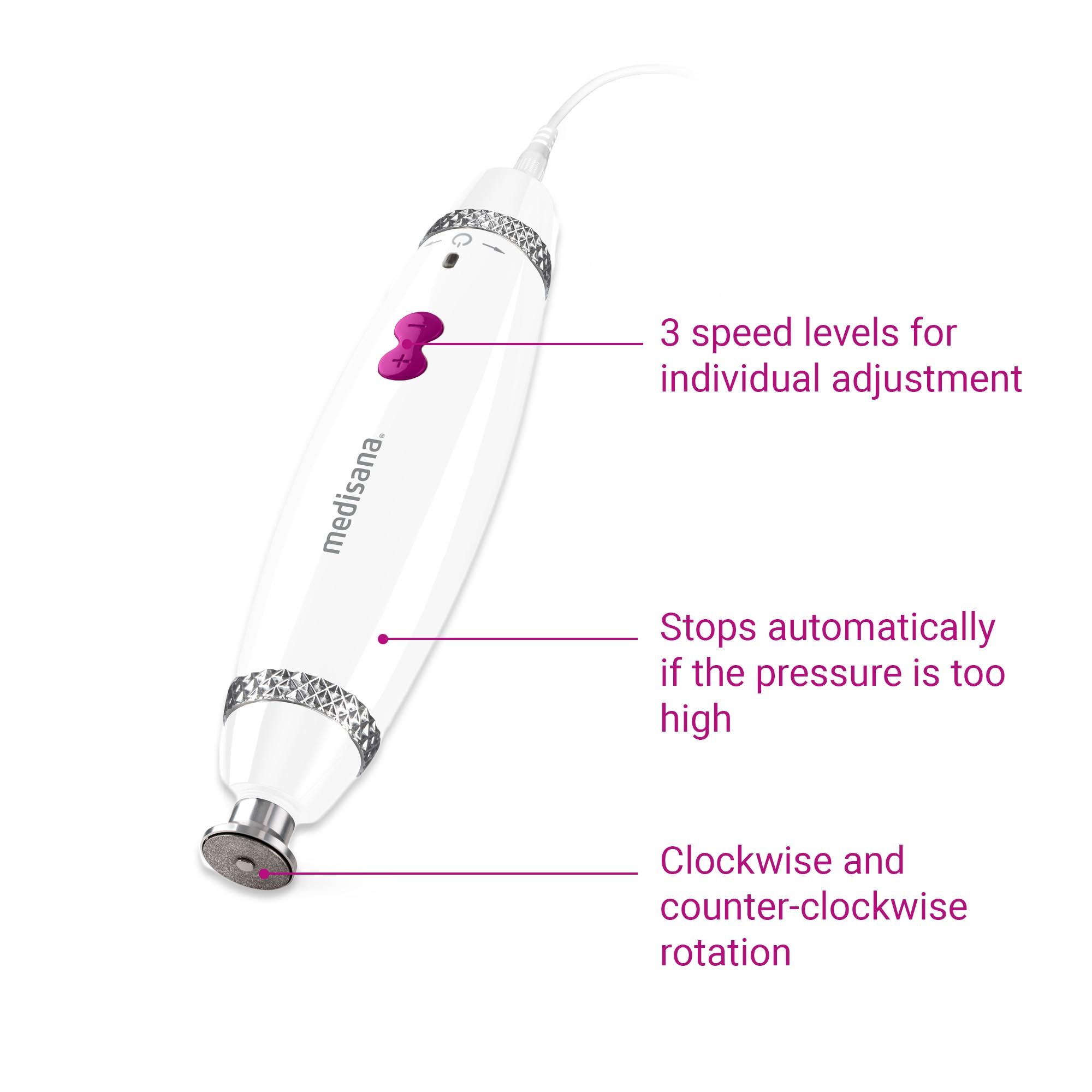 Weißes Beauty-Gerät mit rosa Knopf und Textbeschriftungen.