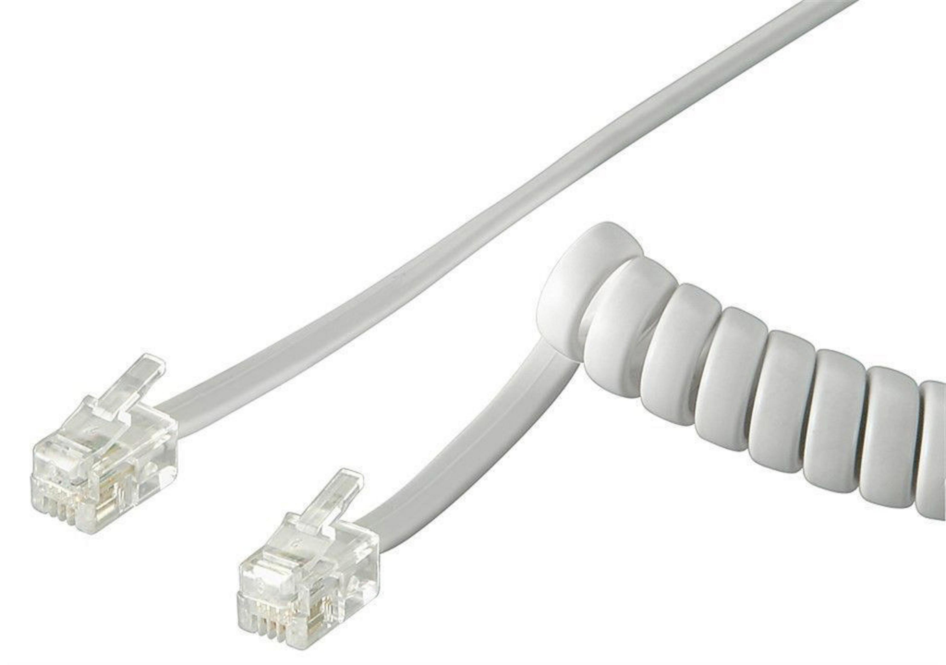 Zwei weiße Telefonkabel mit RJ11-Anschlüssen, eines gerade und eines gewendelt.