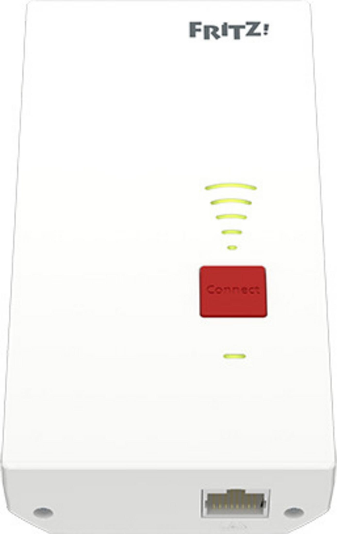 Ein weißer FRITZ! Repeater mit roter 'Connect'-Taste und Kontrollleuchten, vor weißem Hintergrund.