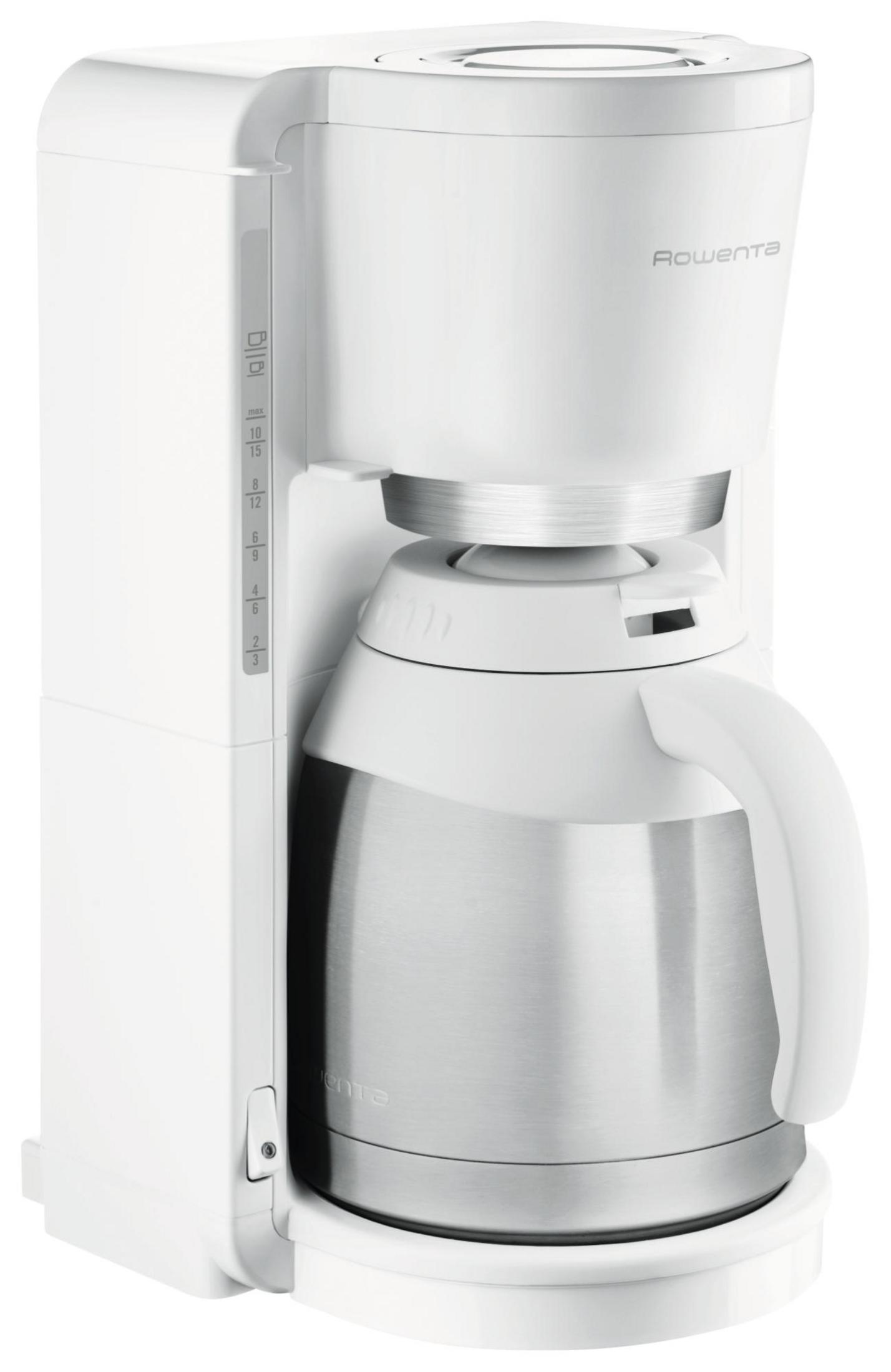 Biały ekspres do kawy ze stalowym dzbankiem i uchwytem. Widoczne logo Rowenta.
