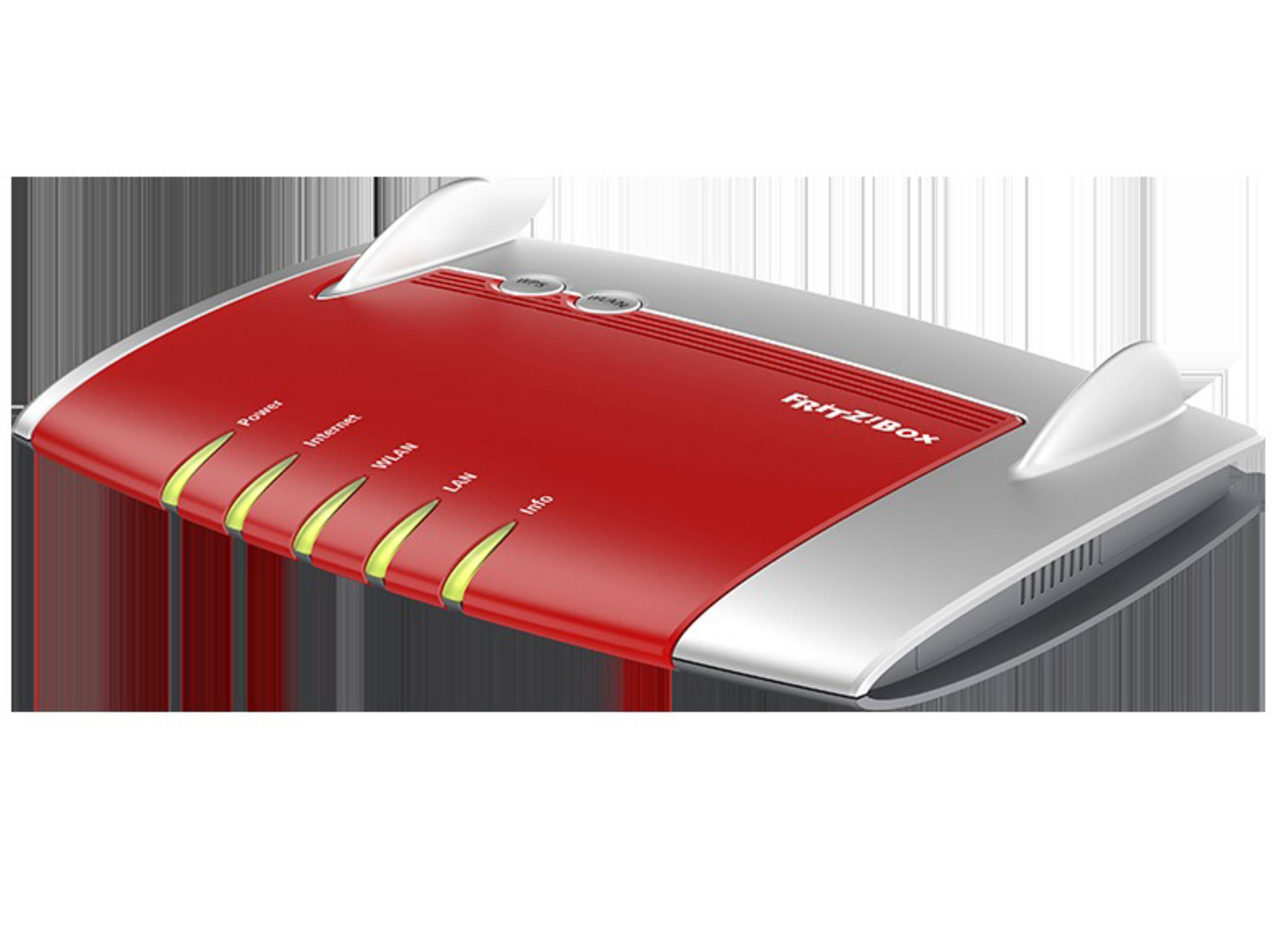 Roter und silberner Router. Antennen oben. Lichter, die den Status anzeigen, vorne.