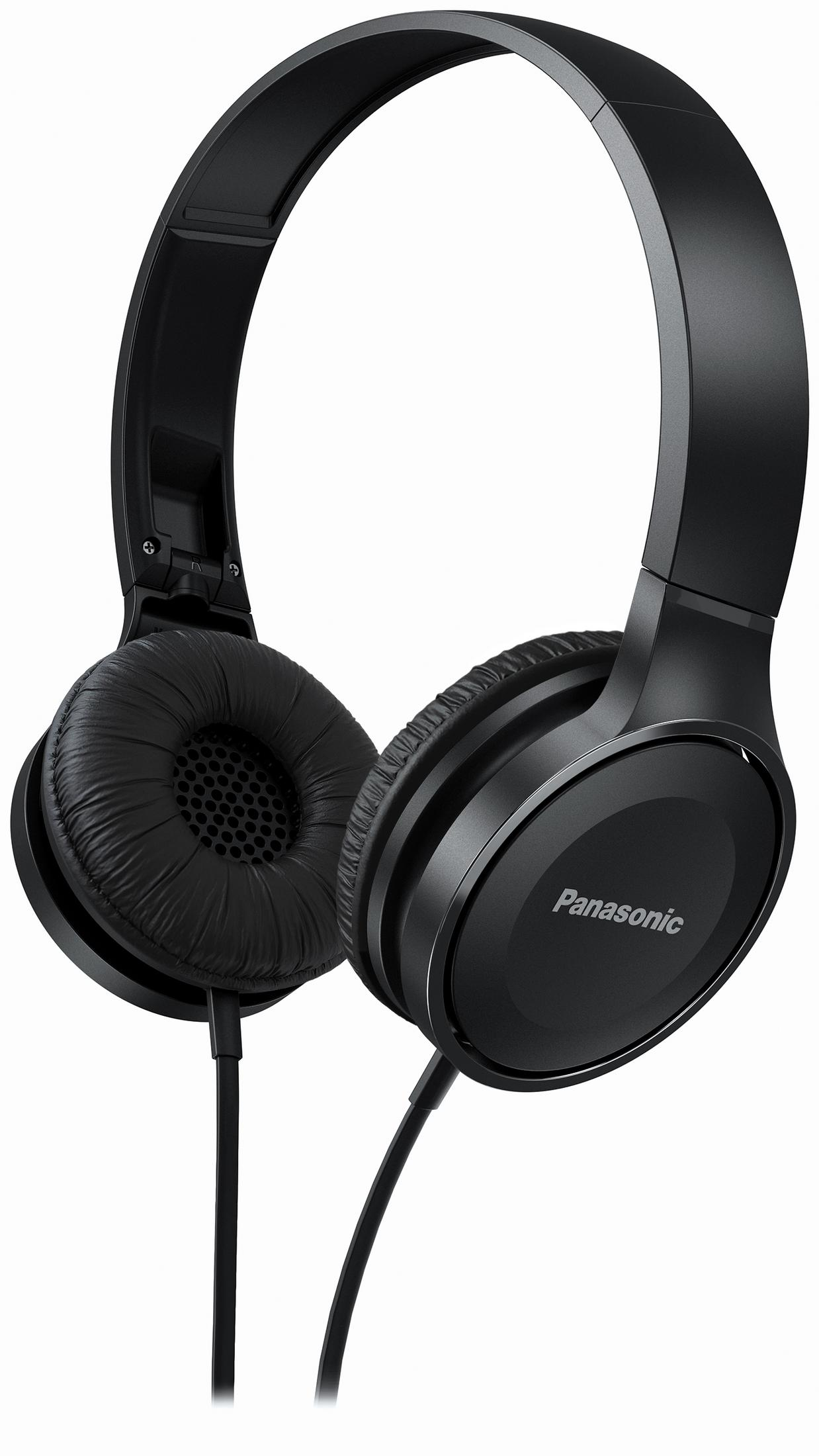 Schwarze Kopfhörer mit Kabel. Die Ohrmuscheln sind rund und gepolstert. Panasonic Logo ist sichtbar.