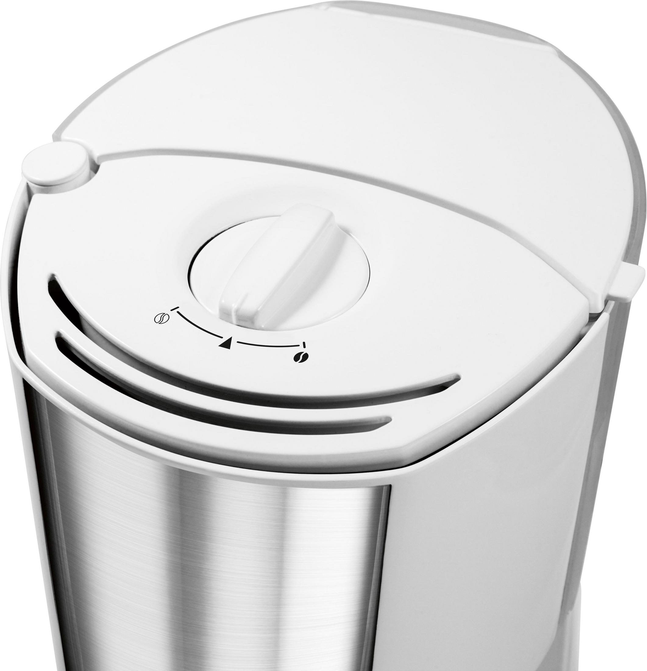 Widok z góry na biały ekspres do kawy. Widoczna tarcza z ikoną ziarna kawy.