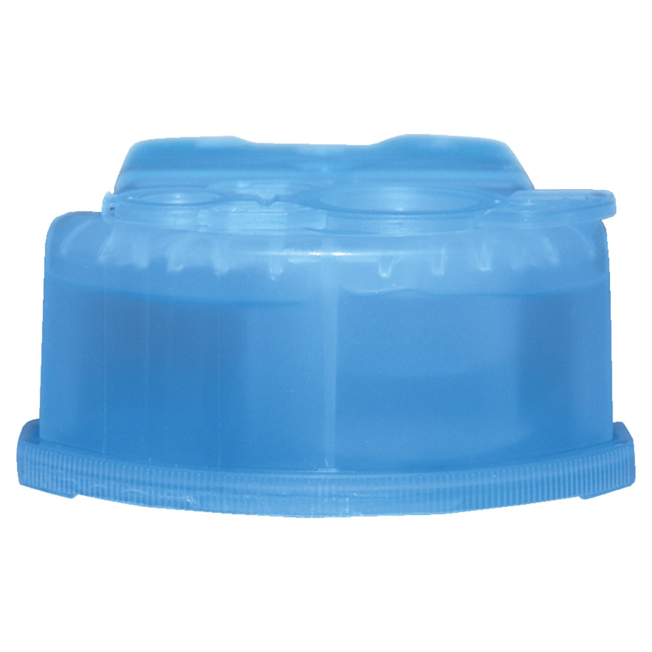 Niebieska plastikowa nakrętka, prawdopodobnie do pojemnika. Cylindryczna z teksturowaną podstawą, gładkie tło.