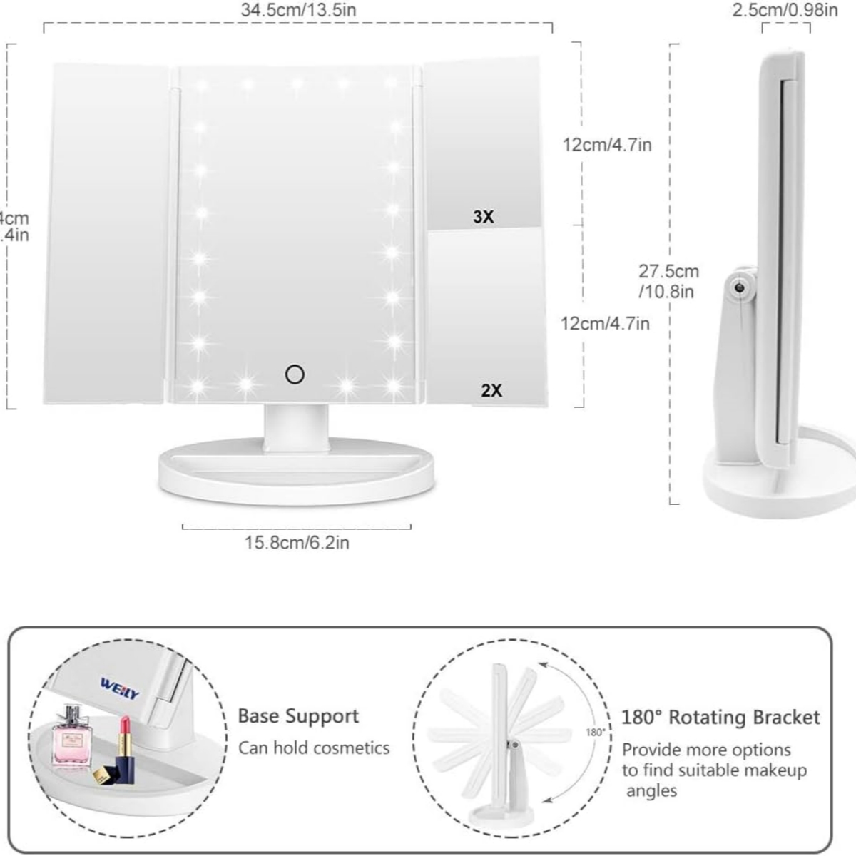 Weißer Schminkspiegel mit LED-Leuchten, Basis und faltbaren Paneelen. Es ist weiß.
