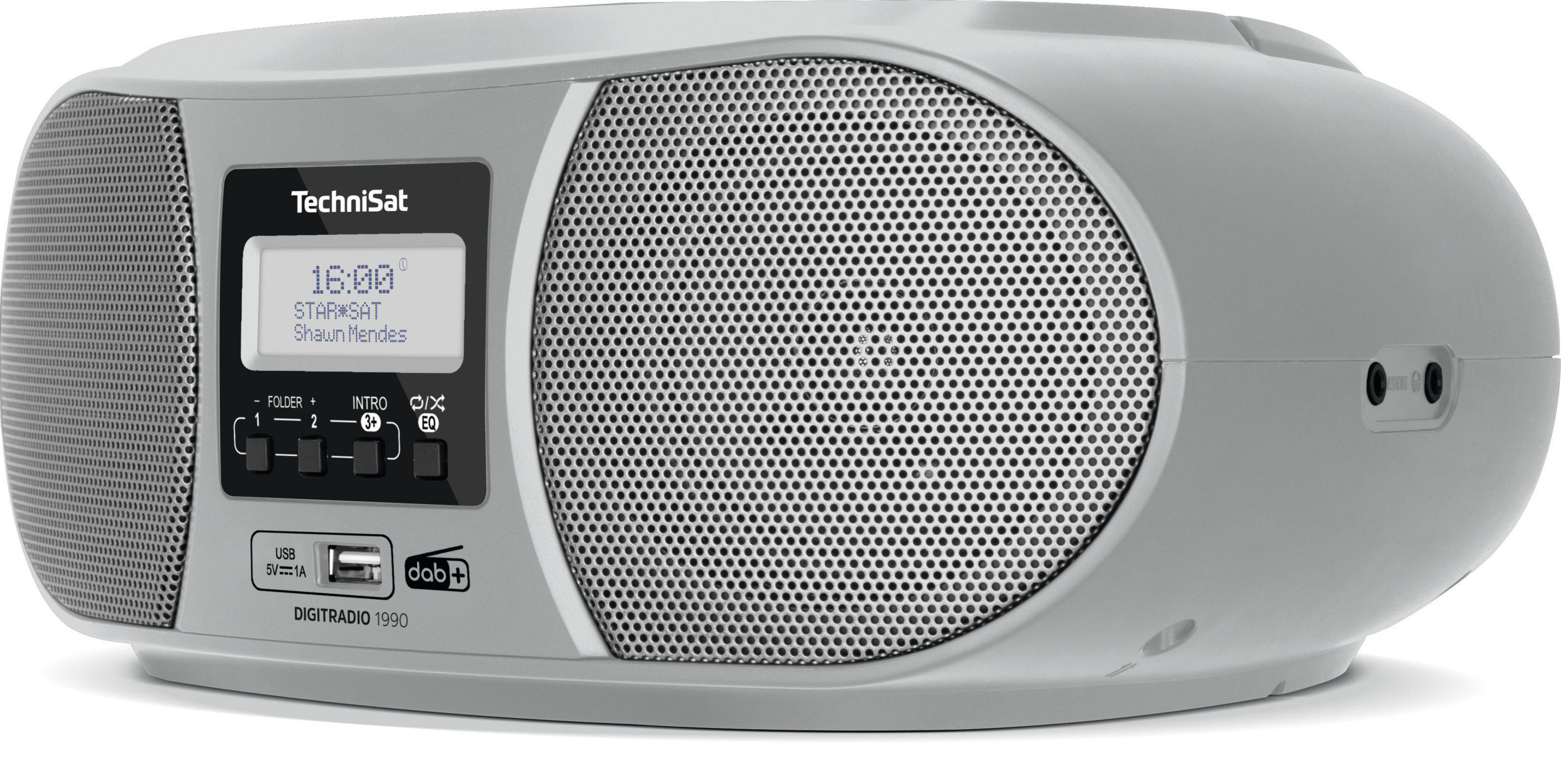 Radio grise avec un écran affichant des informations. Fond blanc.