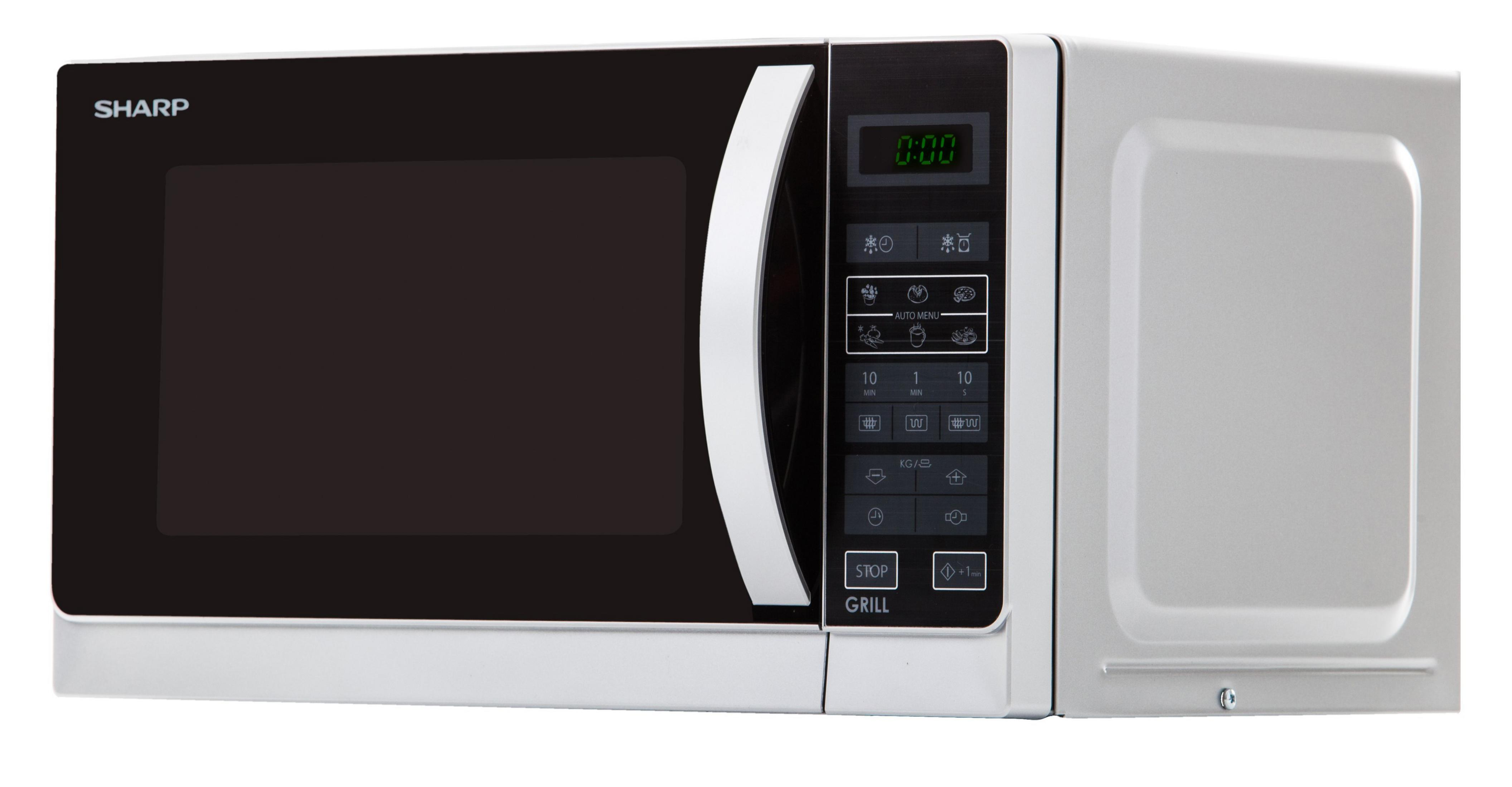 Biała i czarna kuchenka mikrofalowa Sharp. Widoczny wyświetlacz cyfrowy i przyciski sterowania.