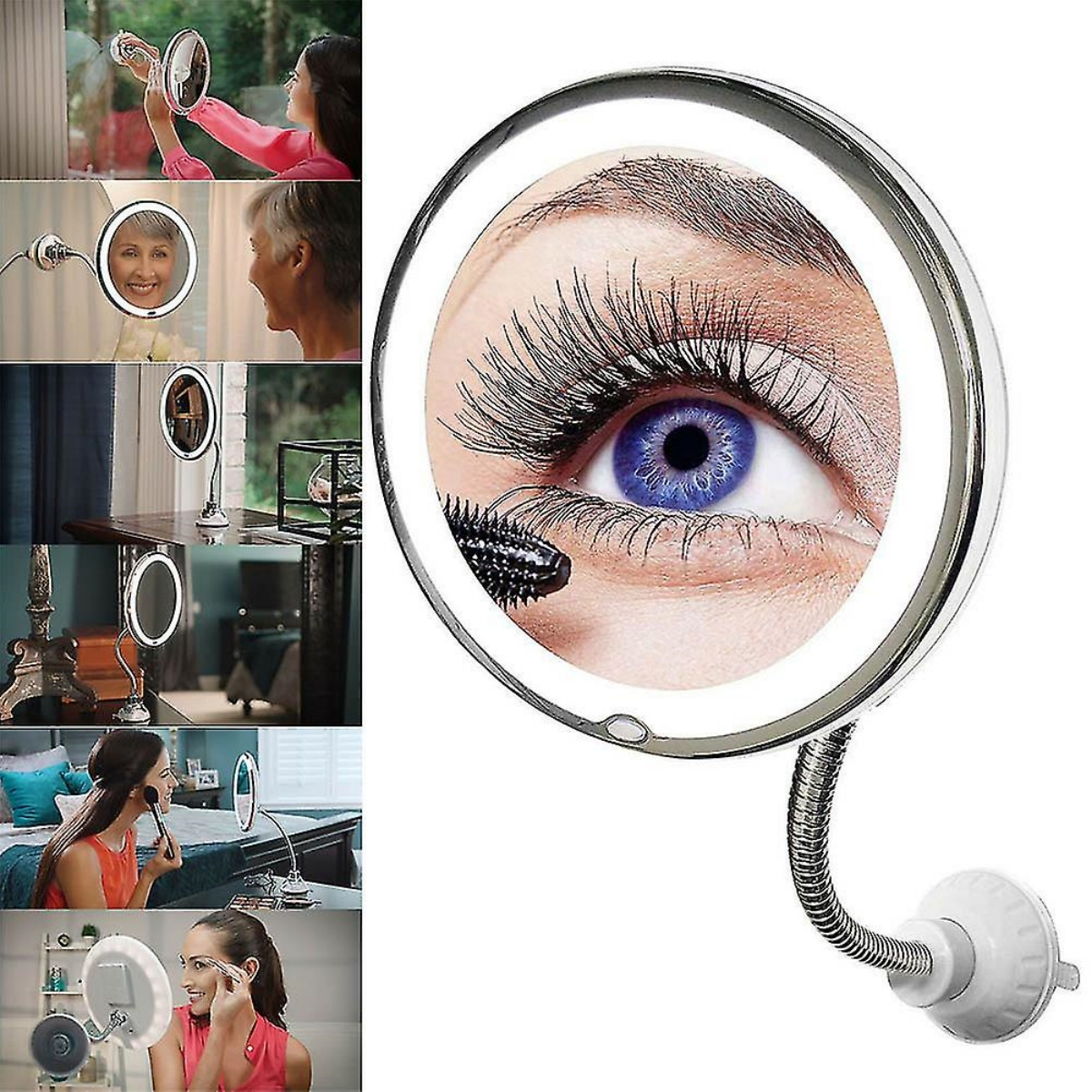 Vergrößerungsspiegel mit Lichtern und flexiblem Arm. Auge mit Mascara-Anwendung sichtbar.