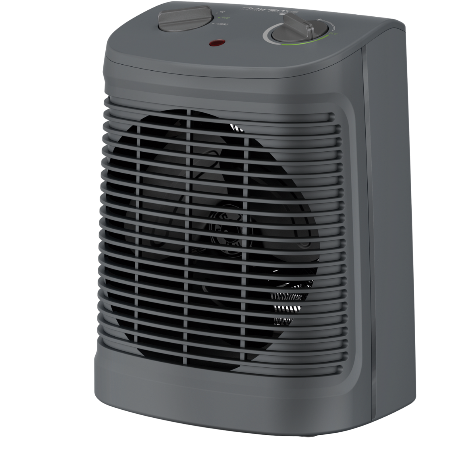 Szary grzejnik z wentylatorem na czarnym tle. Ma dwa pokrętła sterujące.