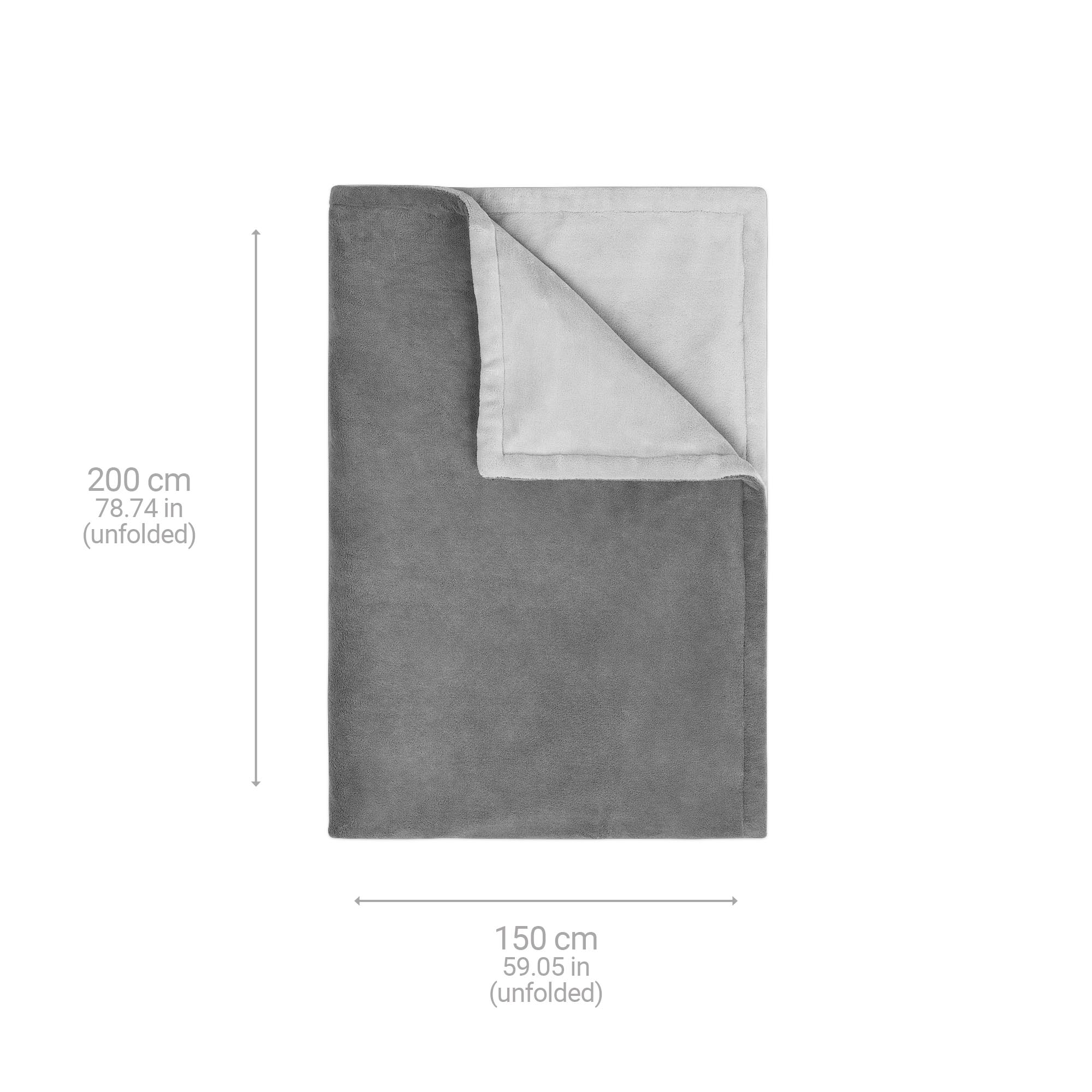 Szary i jasnoszary koc, rozłożony, z podanymi wymiarami.