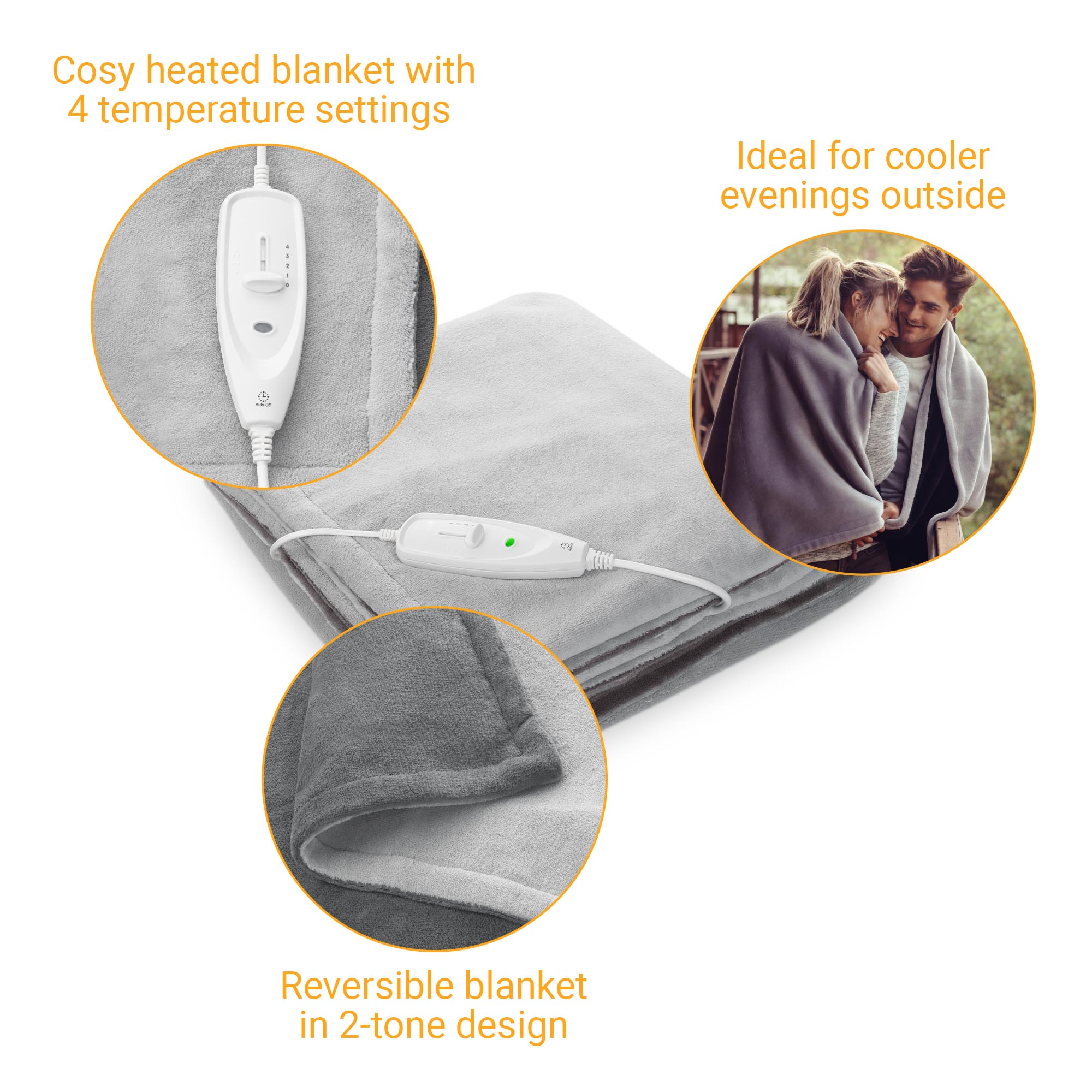 Ogrzewany koc z kontrolerem i para na zewnątrz, nosząca koc.