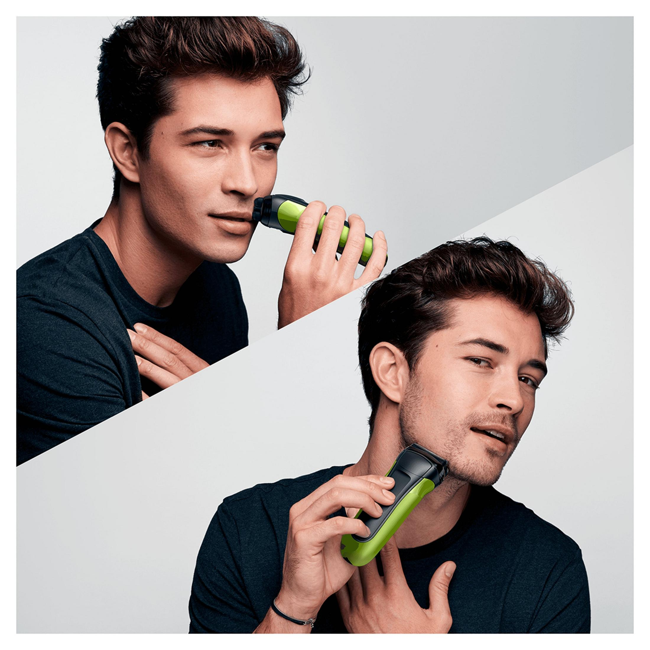 Yeşil ve siyah bir elektrikli tıraş makinesiyle tıraş olan bir adamın iki görüntüsü. Biri burnunu tıraş ediyor.
