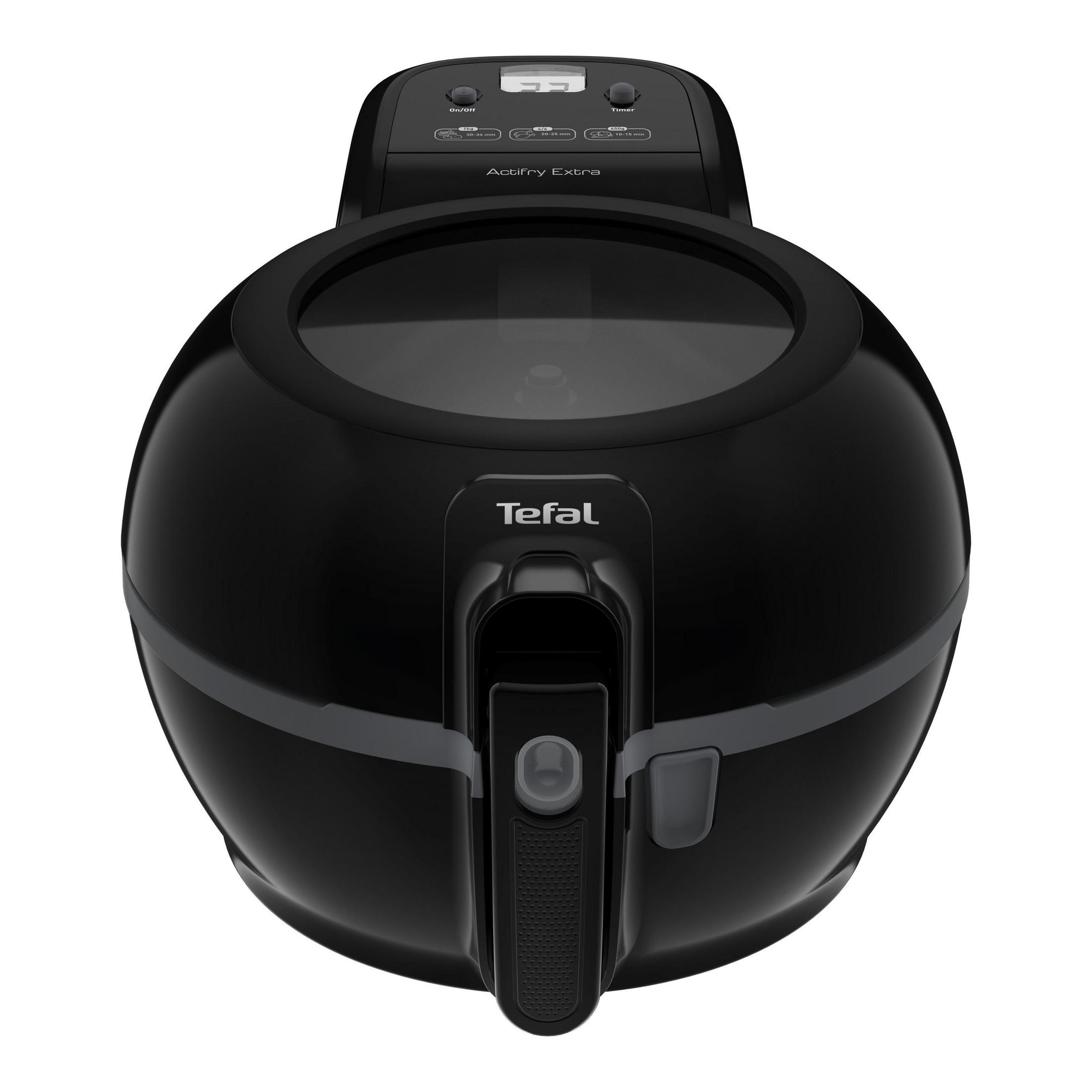 Schwarze Heißluftfritteuse, Draufsicht, mit Griff und Bedienfeld. Isoliert auf weißem Hintergrund.