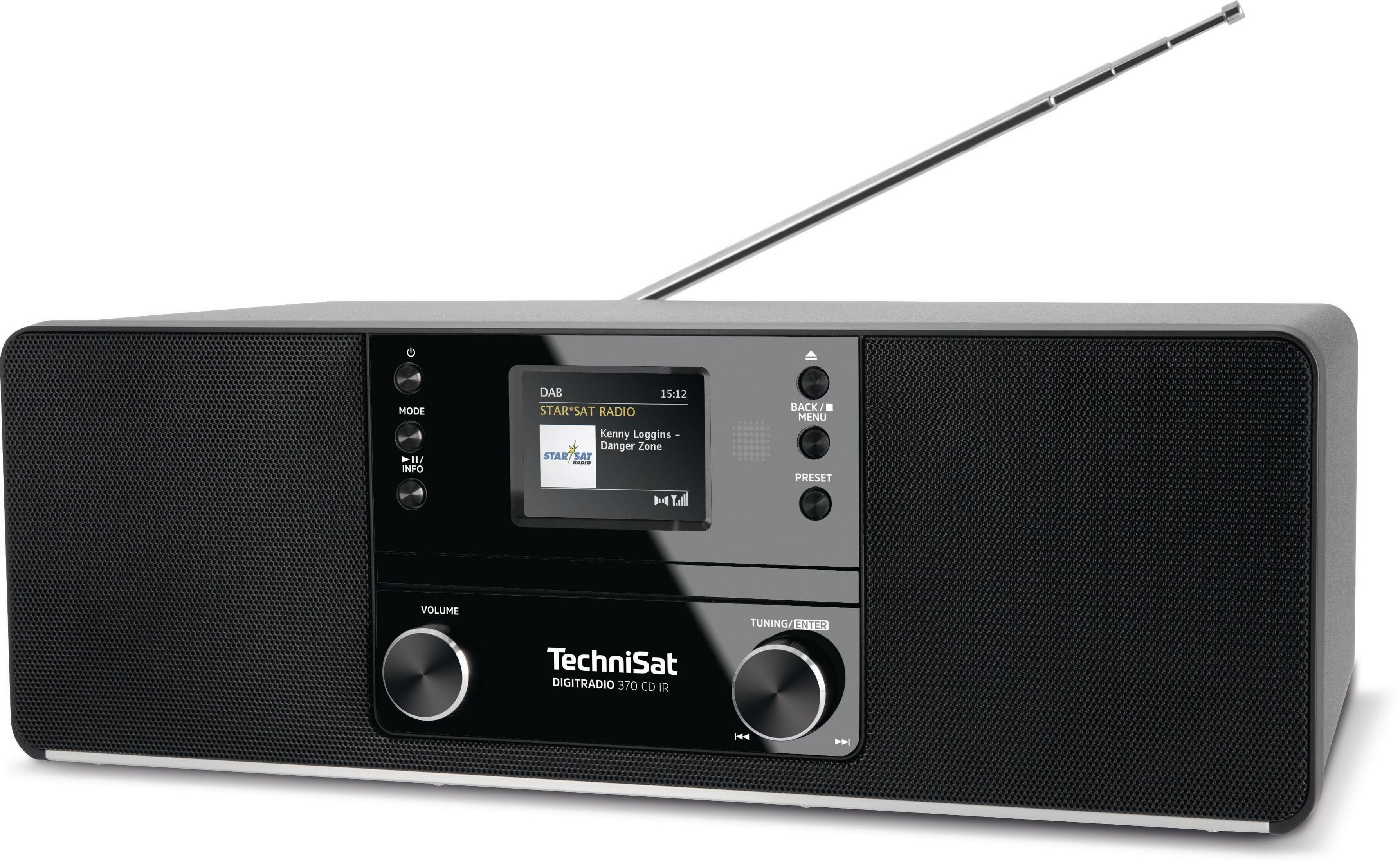 Ein schwarzes und graues Radio mit Display, Knöpfen und Antenne.