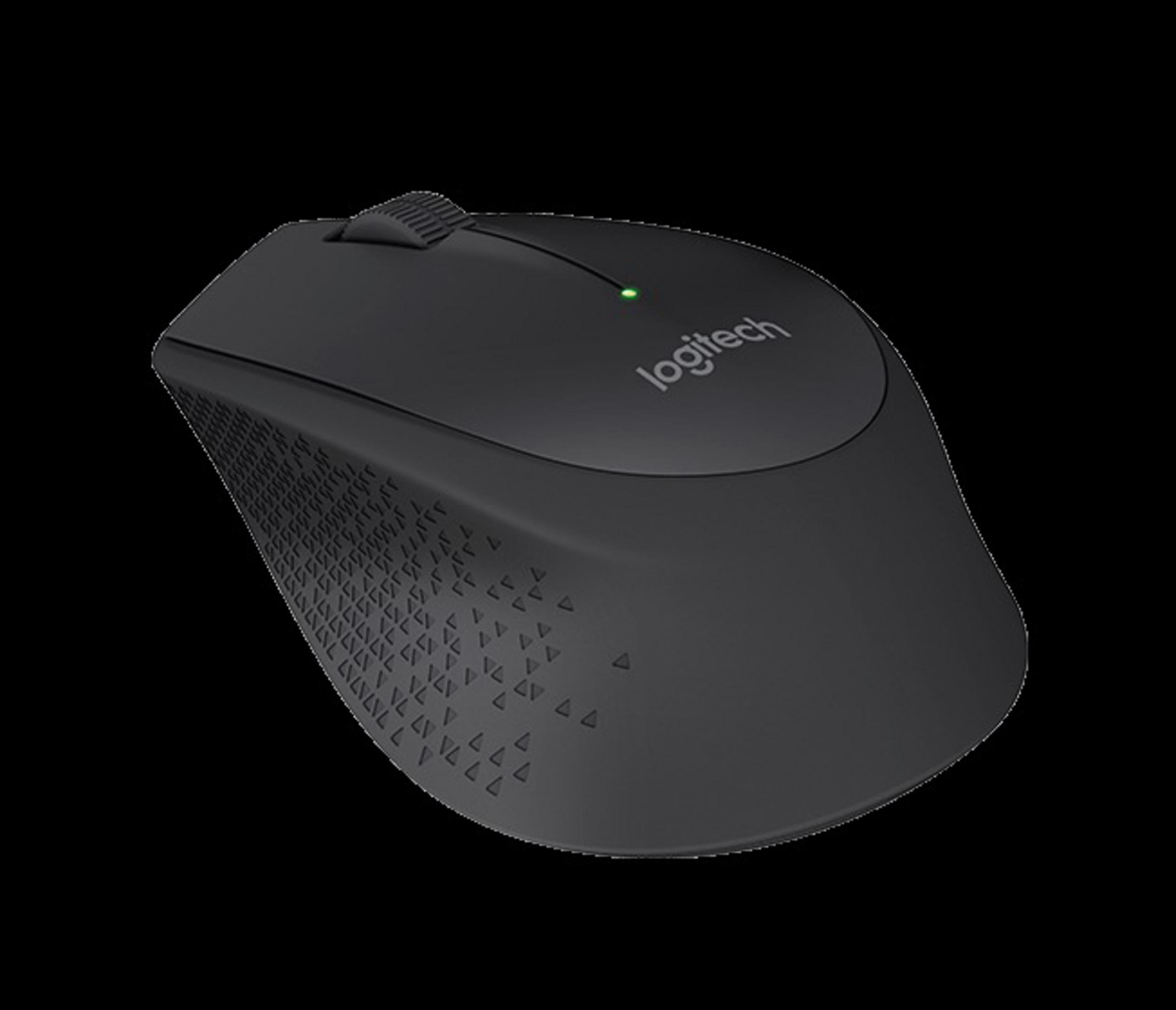 Czarna bezprzewodowa mysz Logitech. Mysz jest na czarnym tle, z zielonym światłem.