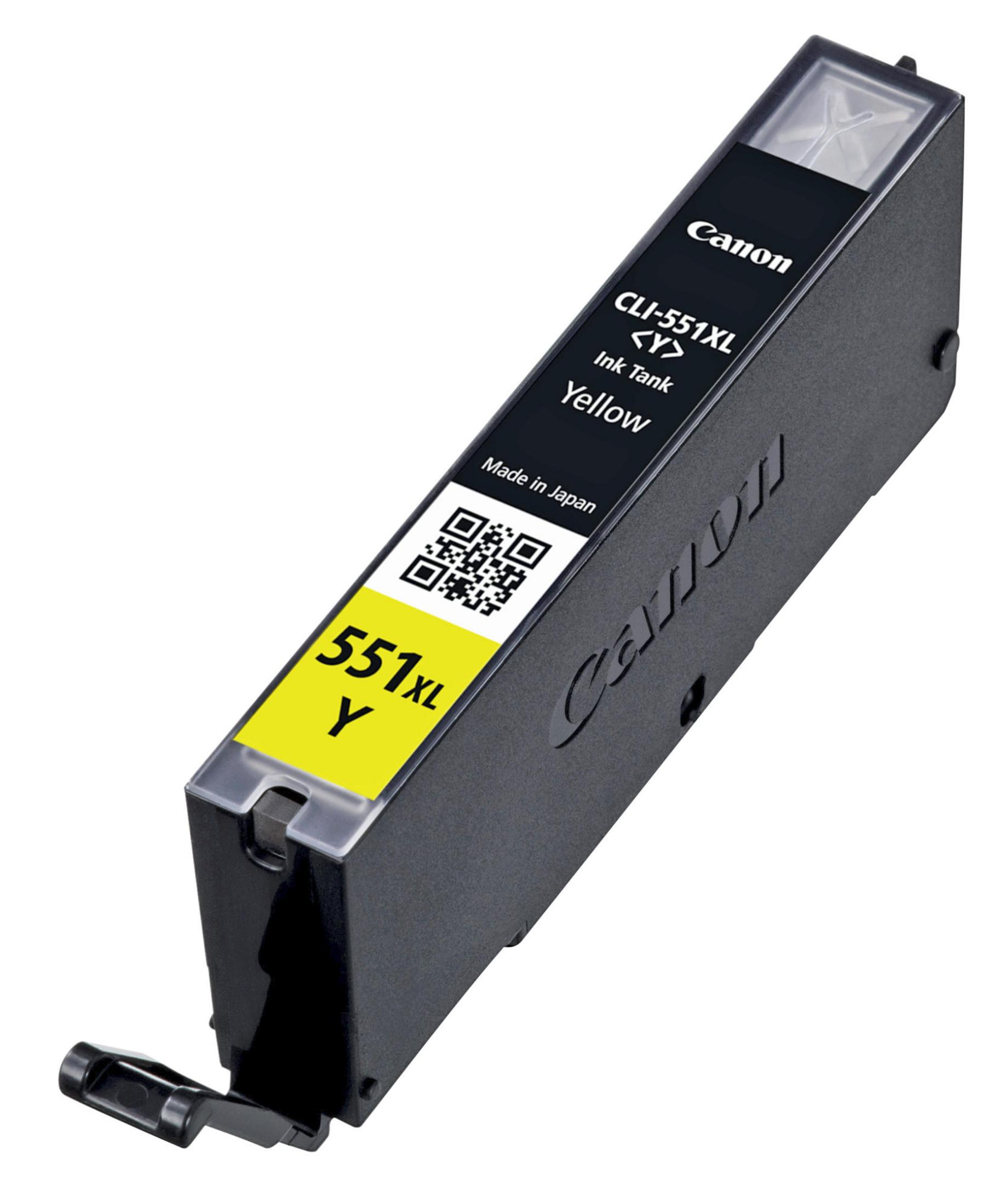 Canon inktcartridge, gele inkt, witte achtergrond.