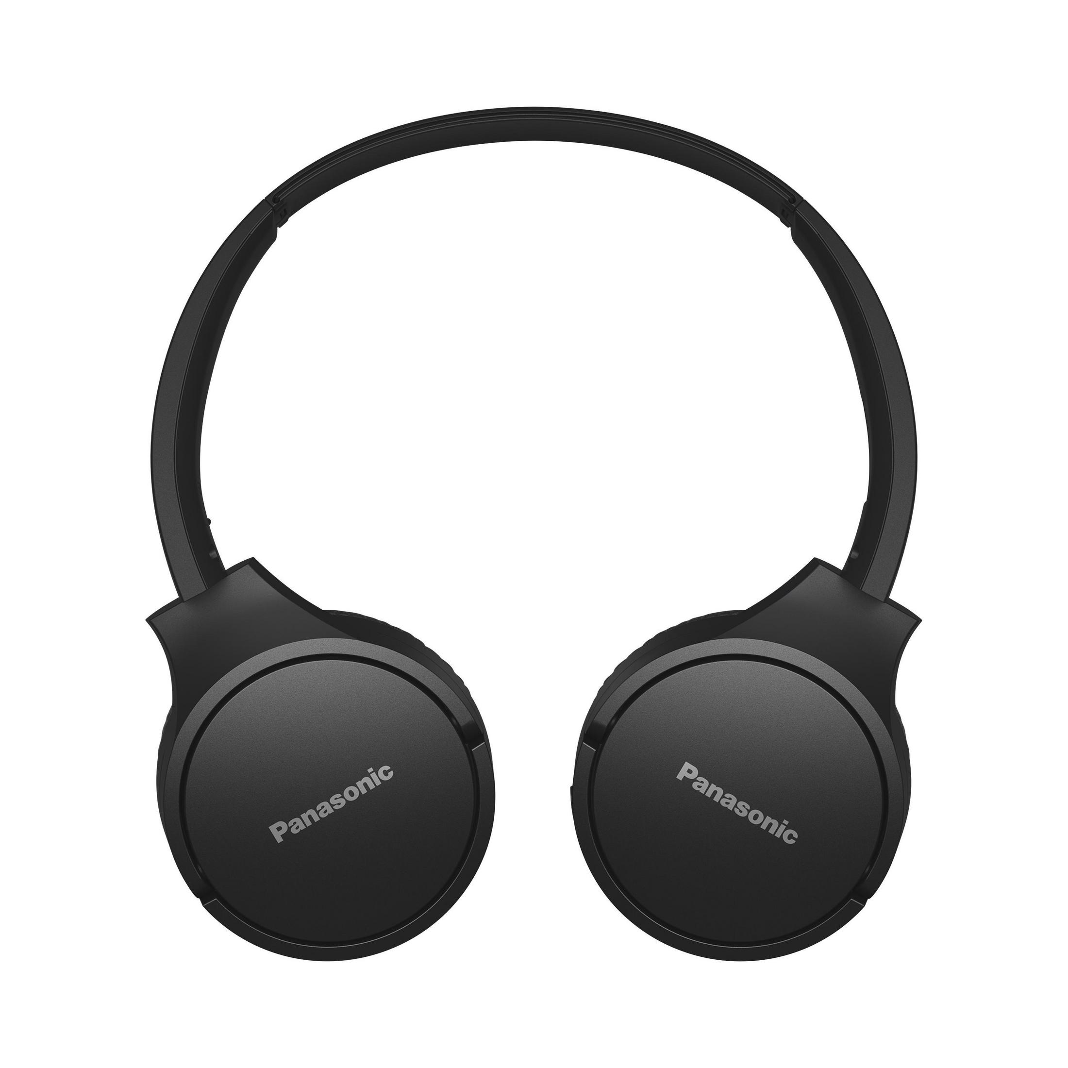 Schwarze Panasonic Kopfhörer. Mit zwei kreisförmigen Ohrmuscheln, verbunden durch ein schwarzes Band.