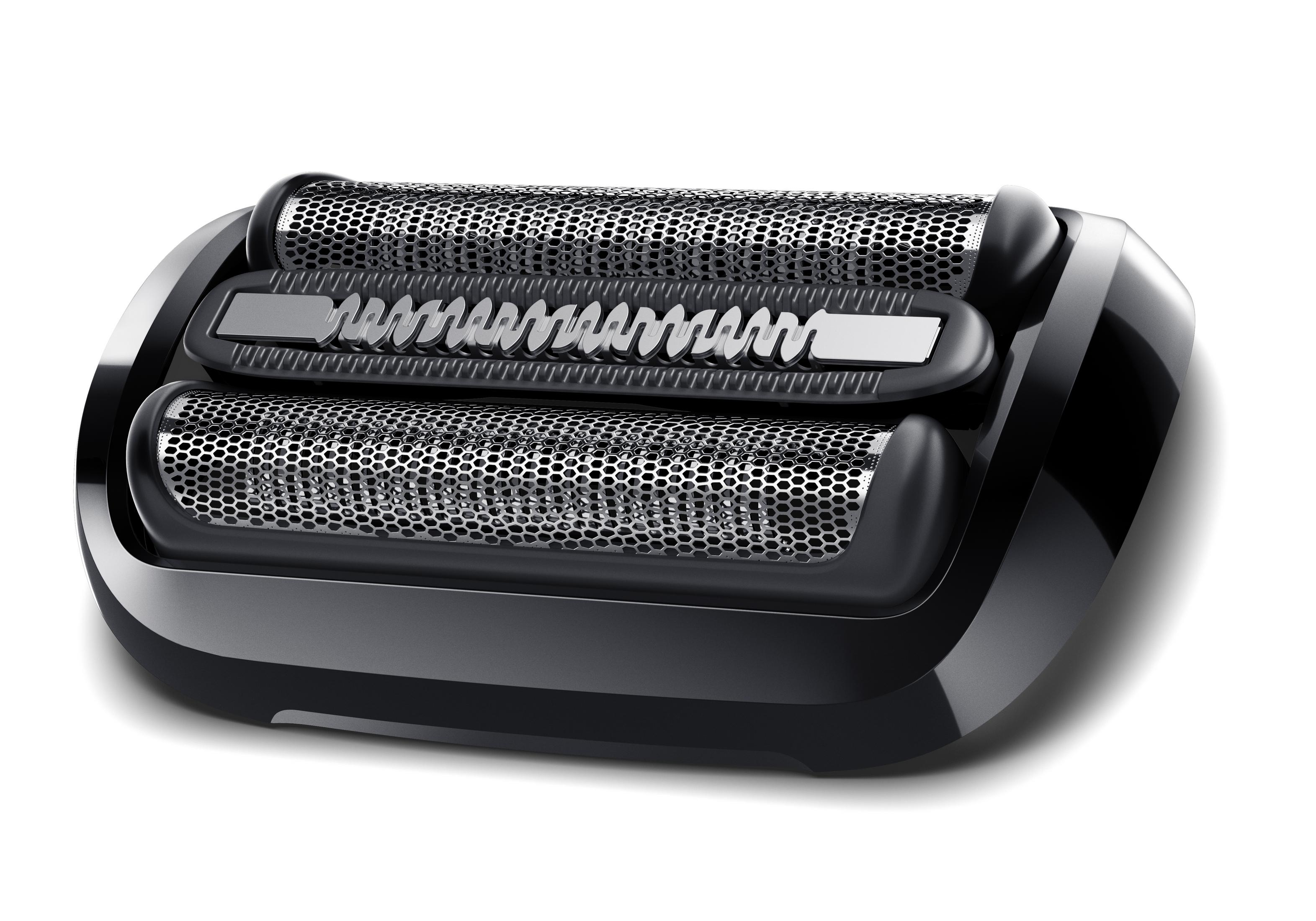 Zbliżenie czarnej głowicy golarki elektrycznej z trzema ostrzami foliowymi.