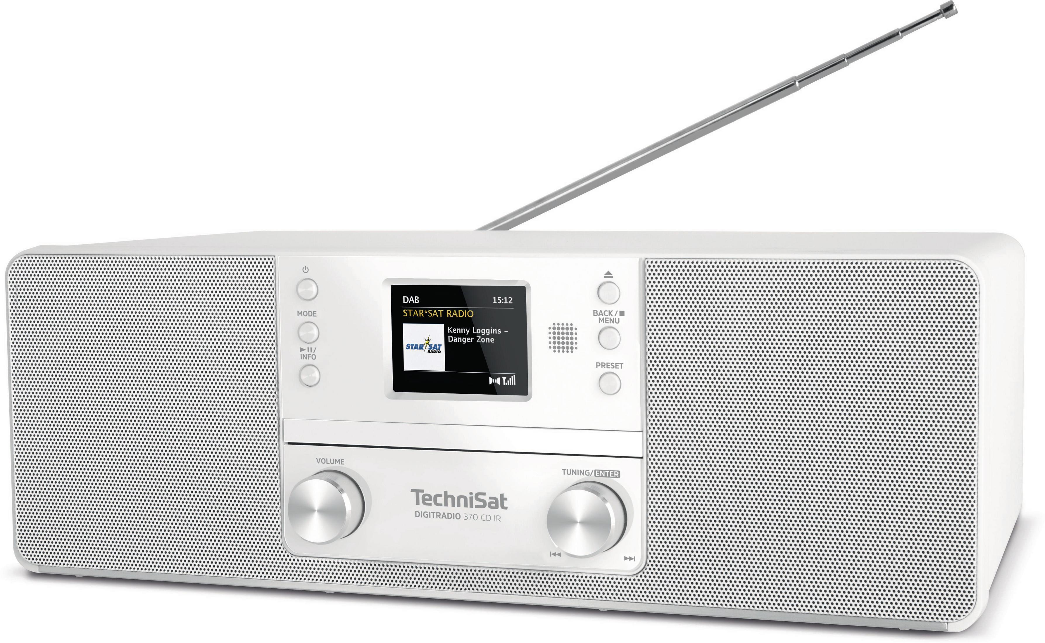 Weißes Radio mit Bildschirm und Antenne, Knöpfen und Drehreglern, isoliert auf Weiß.