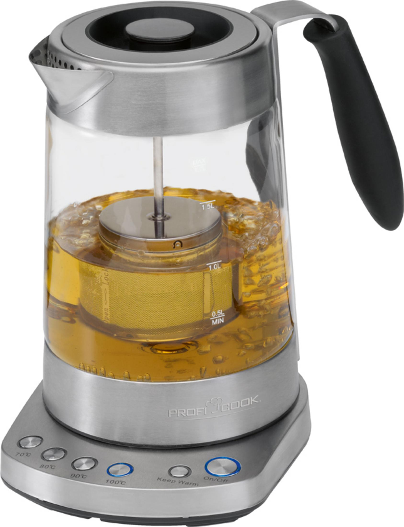 Szklany czajnik elektryczny, z wodą i herbatą w środku. Czarny uchwyt. Podstawa ze stali nierdzewnej.