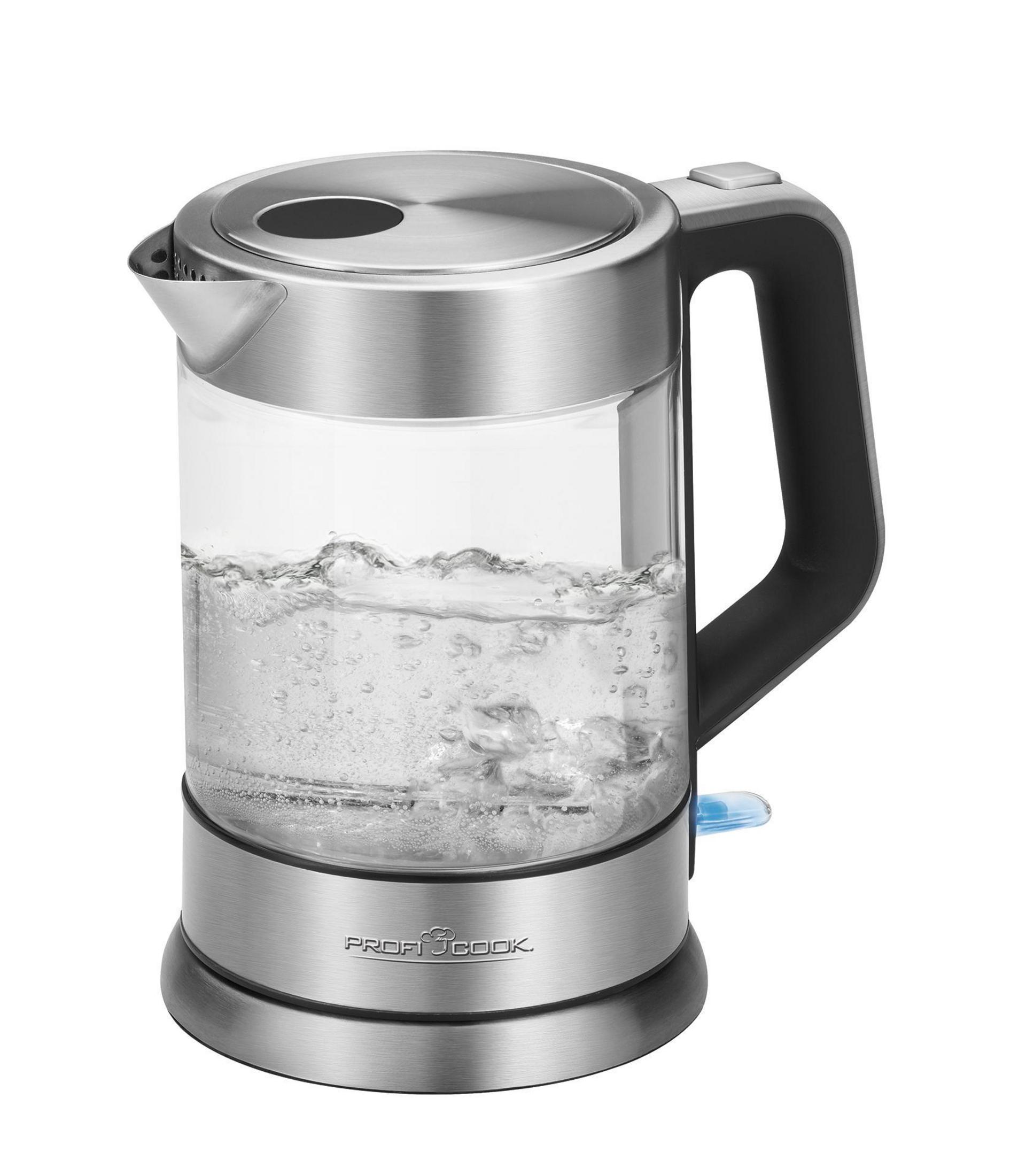Srebrny i szklany czajnik elektryczny. Woda gotuje się w środku. Czarny uchwyt i podstawa.