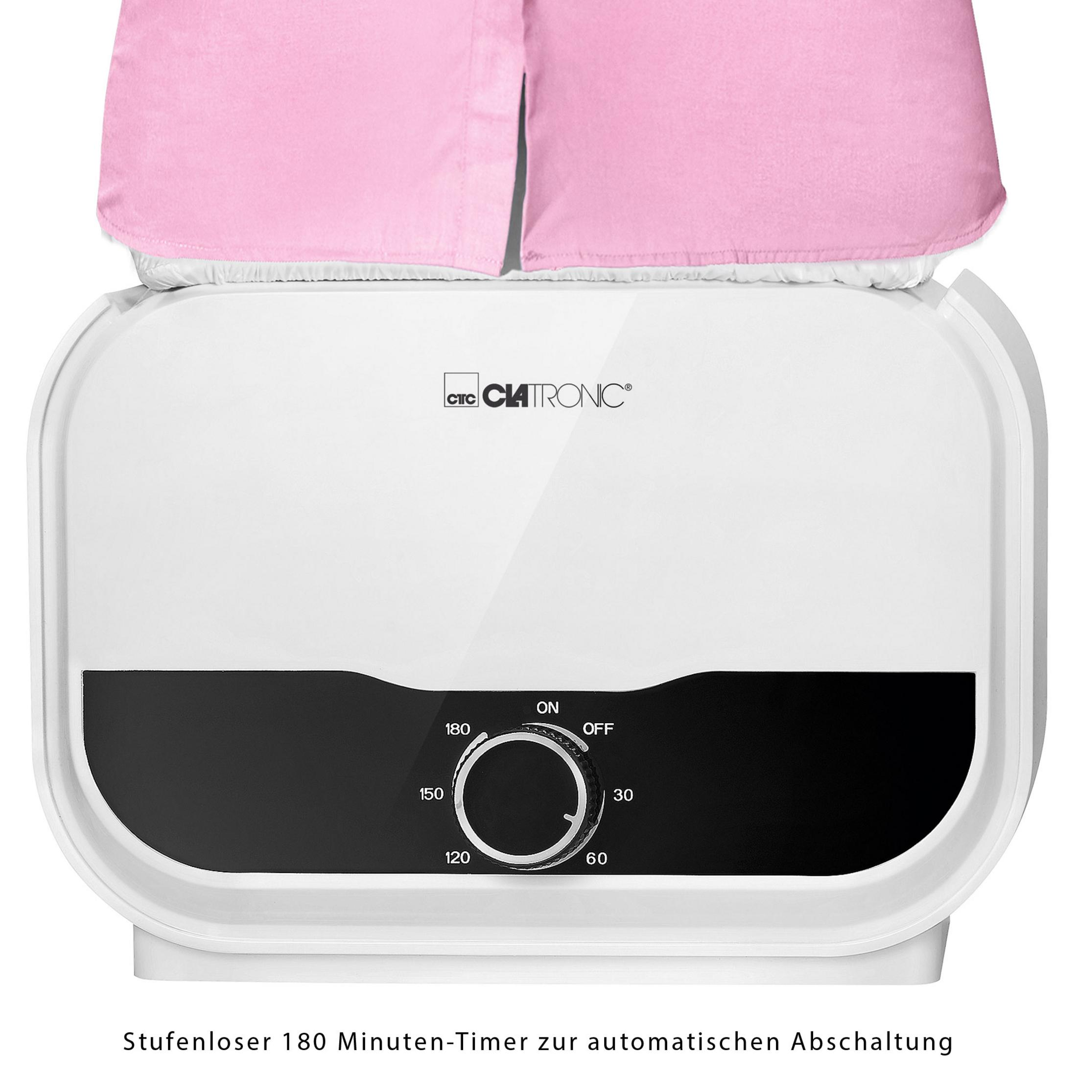 Biało-czarny parownik do koszul Clatronic z różową koszulą.