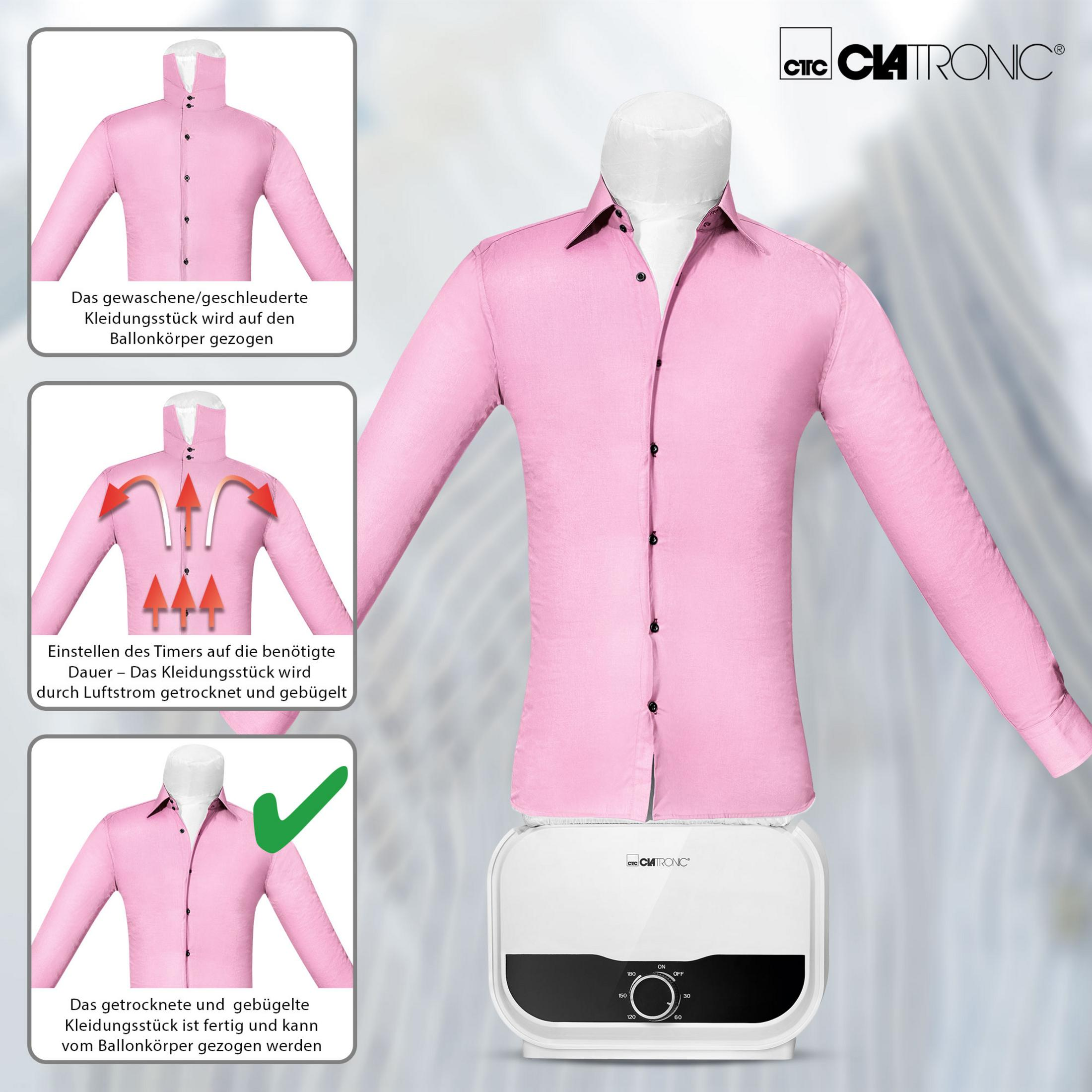 Schemat różowej koszuli prasowanej za pomocą parownicy do ubrań.