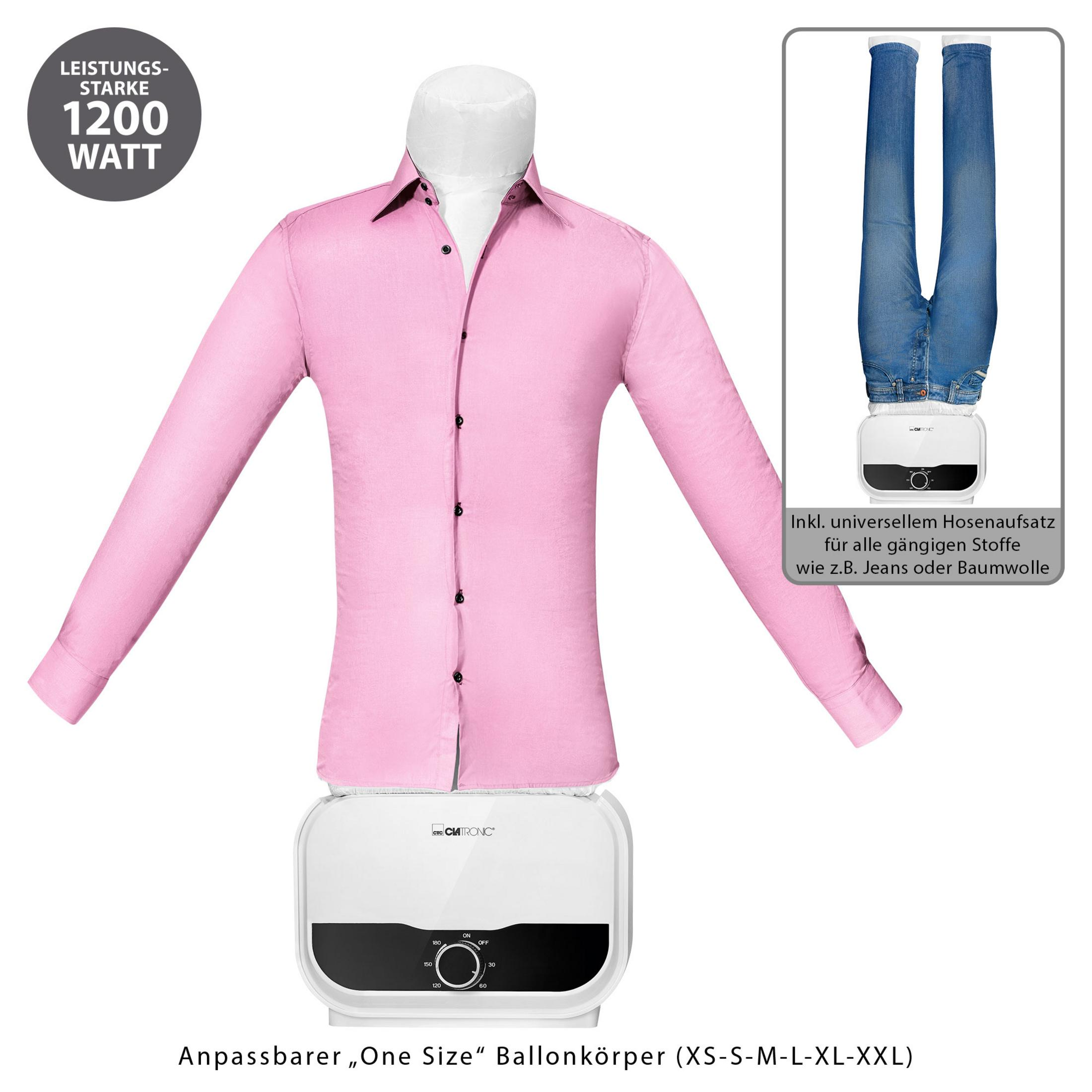 Różowa koszula na manekinie i parownica do spodni.