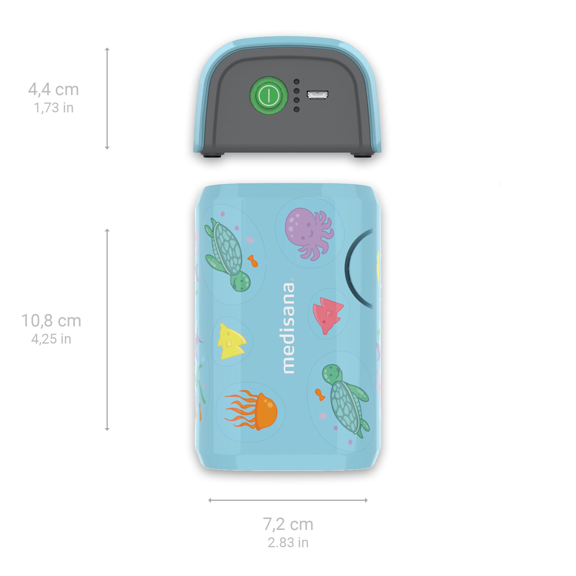 Niebieskie urządzenie Medisana z ilustracjami stworzeń morskich i wymiarami: 7,2 cm x 10,8 cm x 4,4 cm.