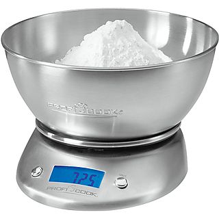 Balanza de cocina - PROFICOOK KW 1040, Báscula de Cocina Digital con Bol Removible, Tazón 2L, Acero Inox, Medición Líquidos, Preci, 5 kg, Plata