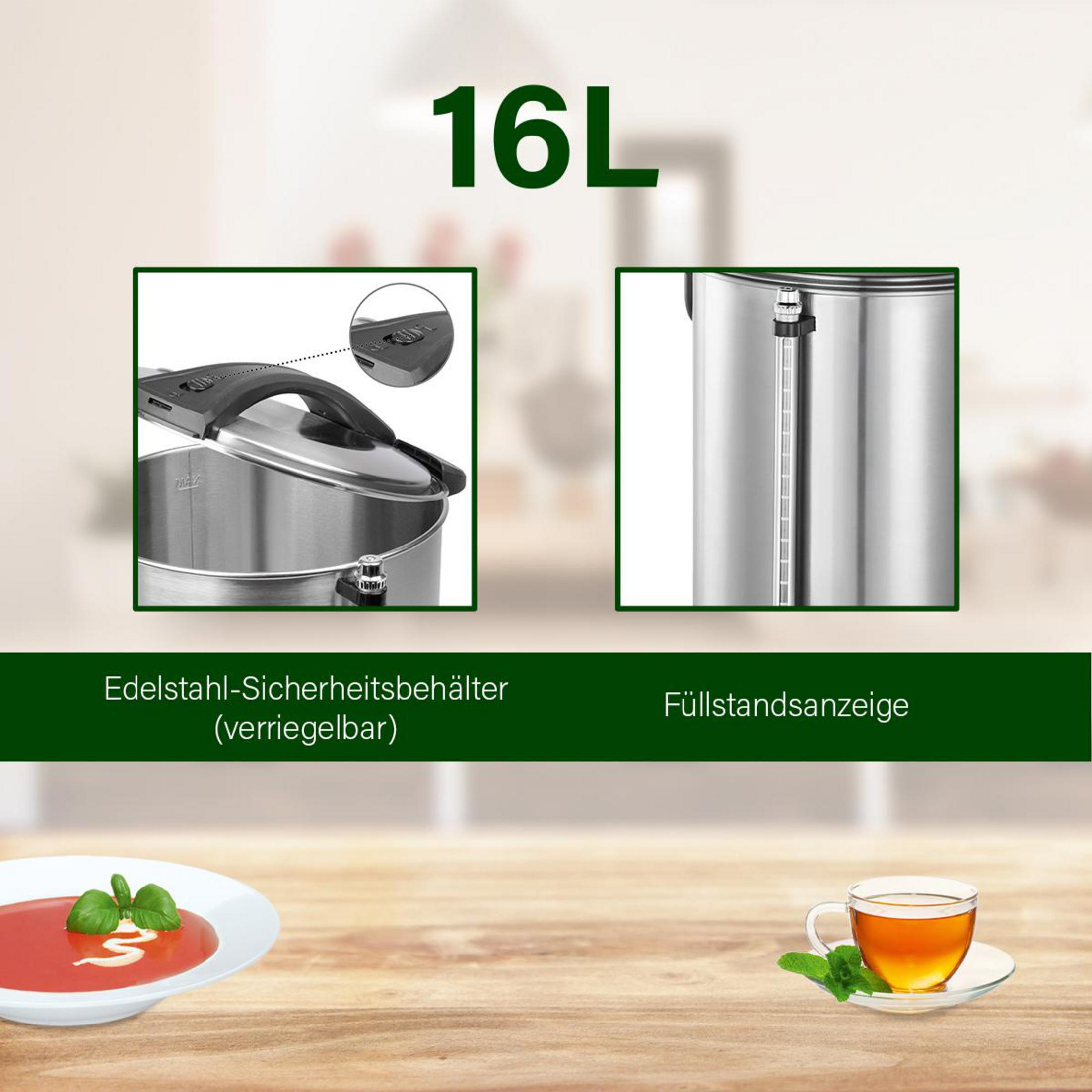 Bollitore in acciaio inossidabile con dettagli. Contiene coperchio, indicatore di livello e tazza da tè.