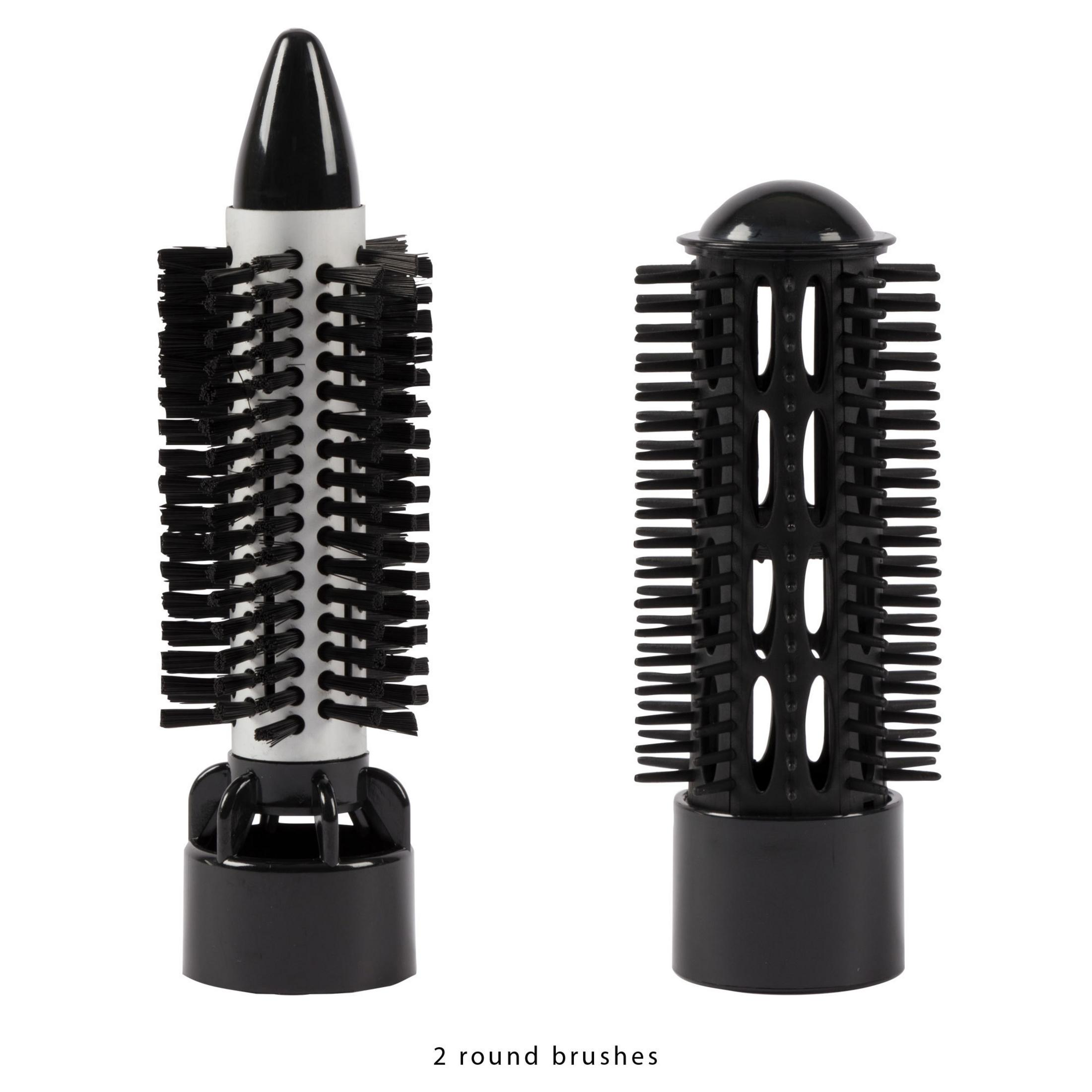 Dwie czarne okrągłe szczotki. Jedna z stożkowym końcem, druga z zaokrąglonym. Białe tło.