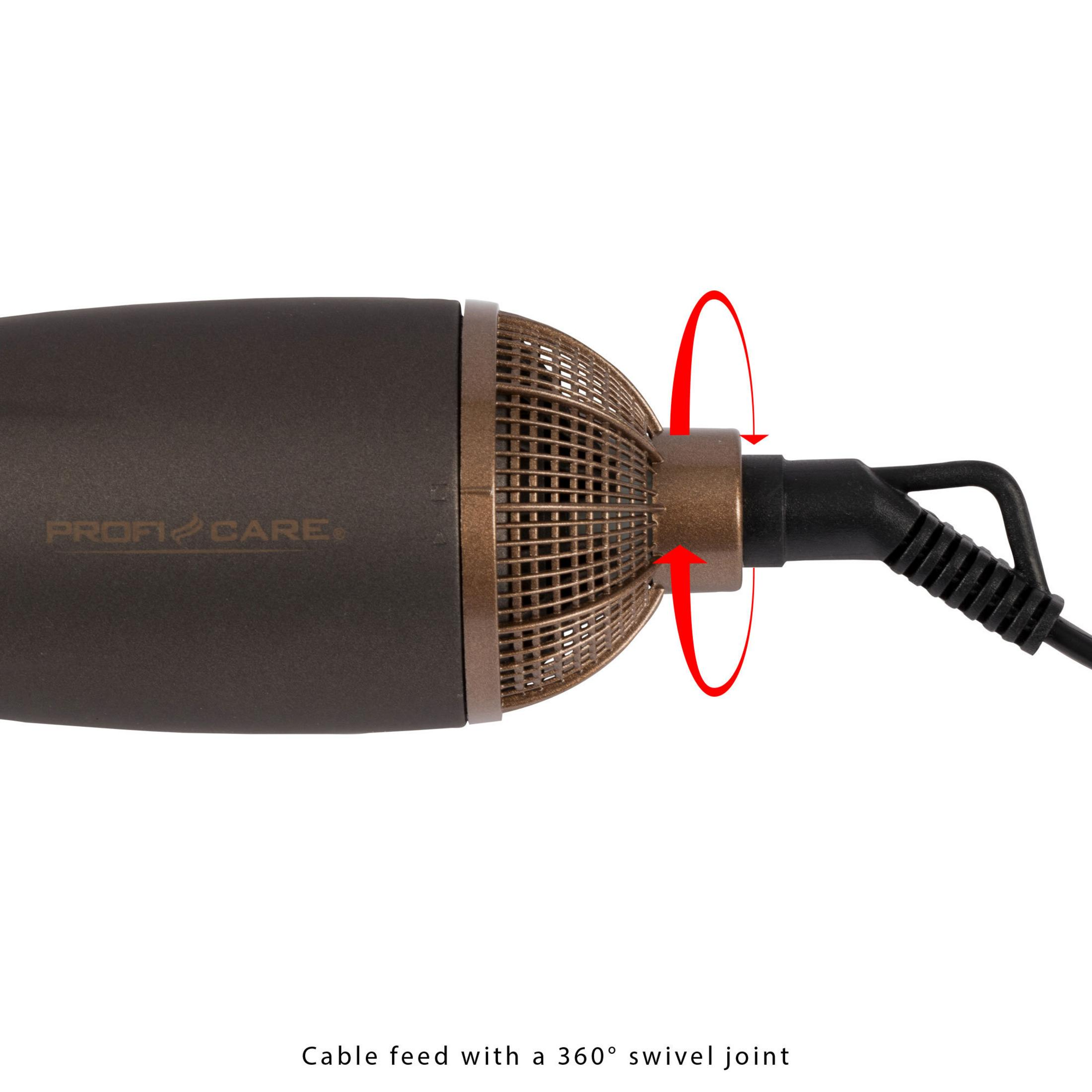 Szczegół suszarki do włosów: brązowy ze złotą siatką, wejście kabla z przegubem obrotowym 360°.