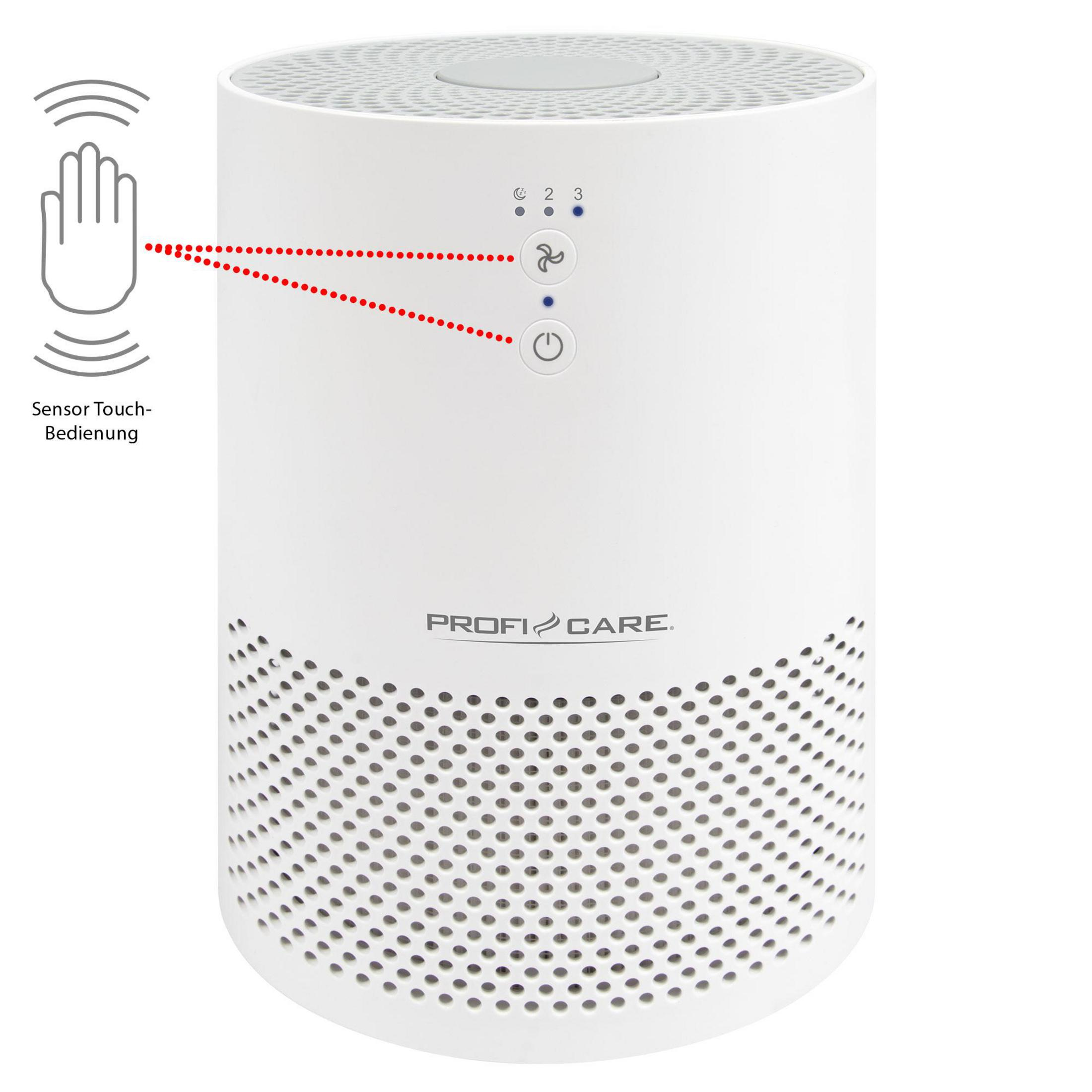 Biały oczyszczacz powietrza z dotykowymi elementami sterowania. Dół ma otwory.